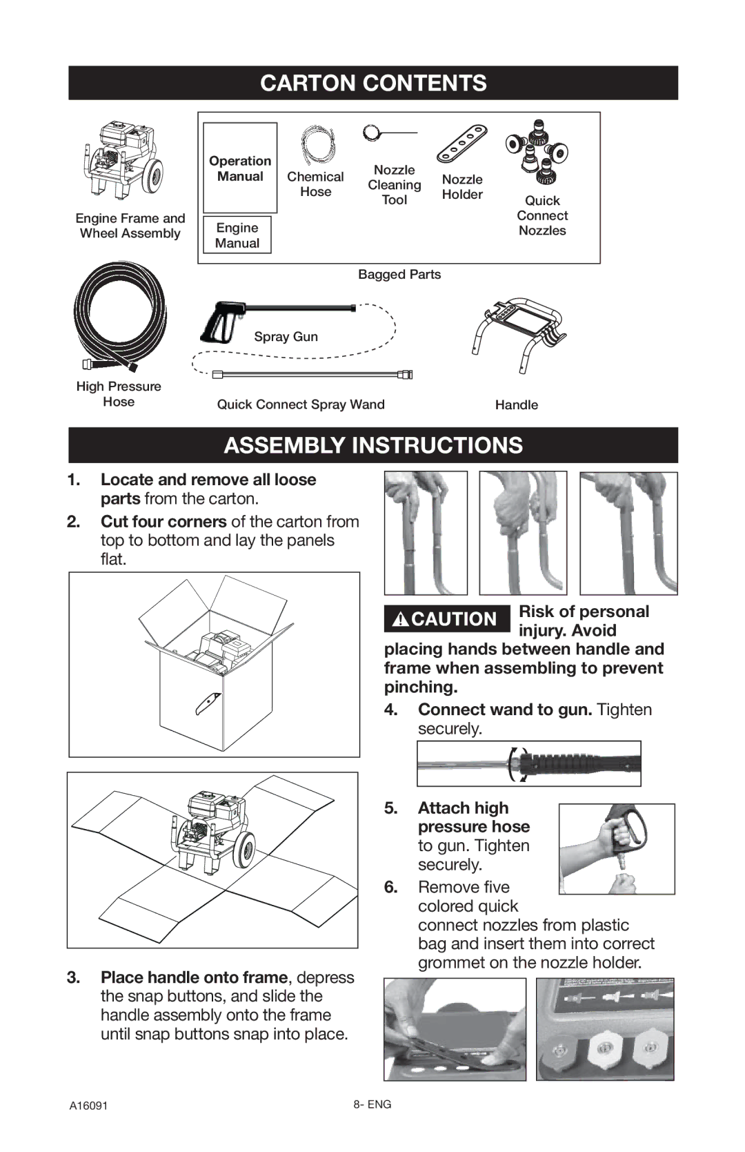 DeVillbiss Air Power Company A16091, DVH3000 operation manual Carton Contents, Assembly Instructions 