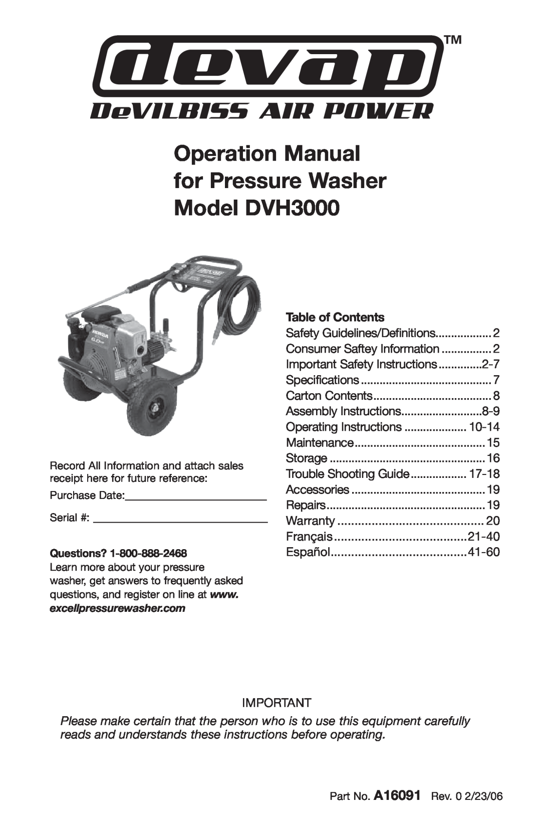 DeVillbiss Air Power Company operation manual Operation Manual for Pressure Washer Model DVH3000, Table of Contents 
