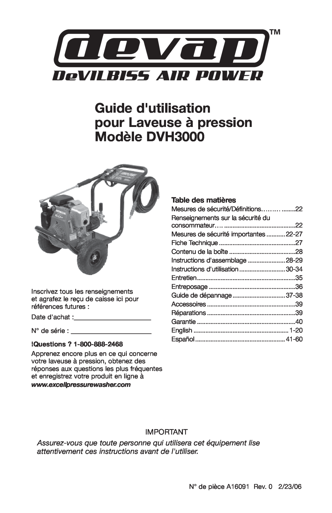 DeVillbiss Air Power Company A16091 Guide dutilisation pour Laveuse à pression Modèle DVH3000, Table des matières 