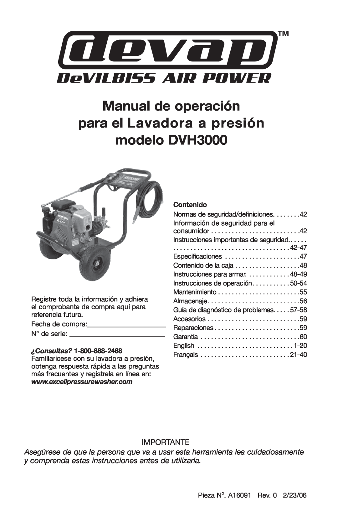 DeVillbiss Air Power Company A16091 Manual de operación para el Lavadora a presión modelo DVH3000, Importante 