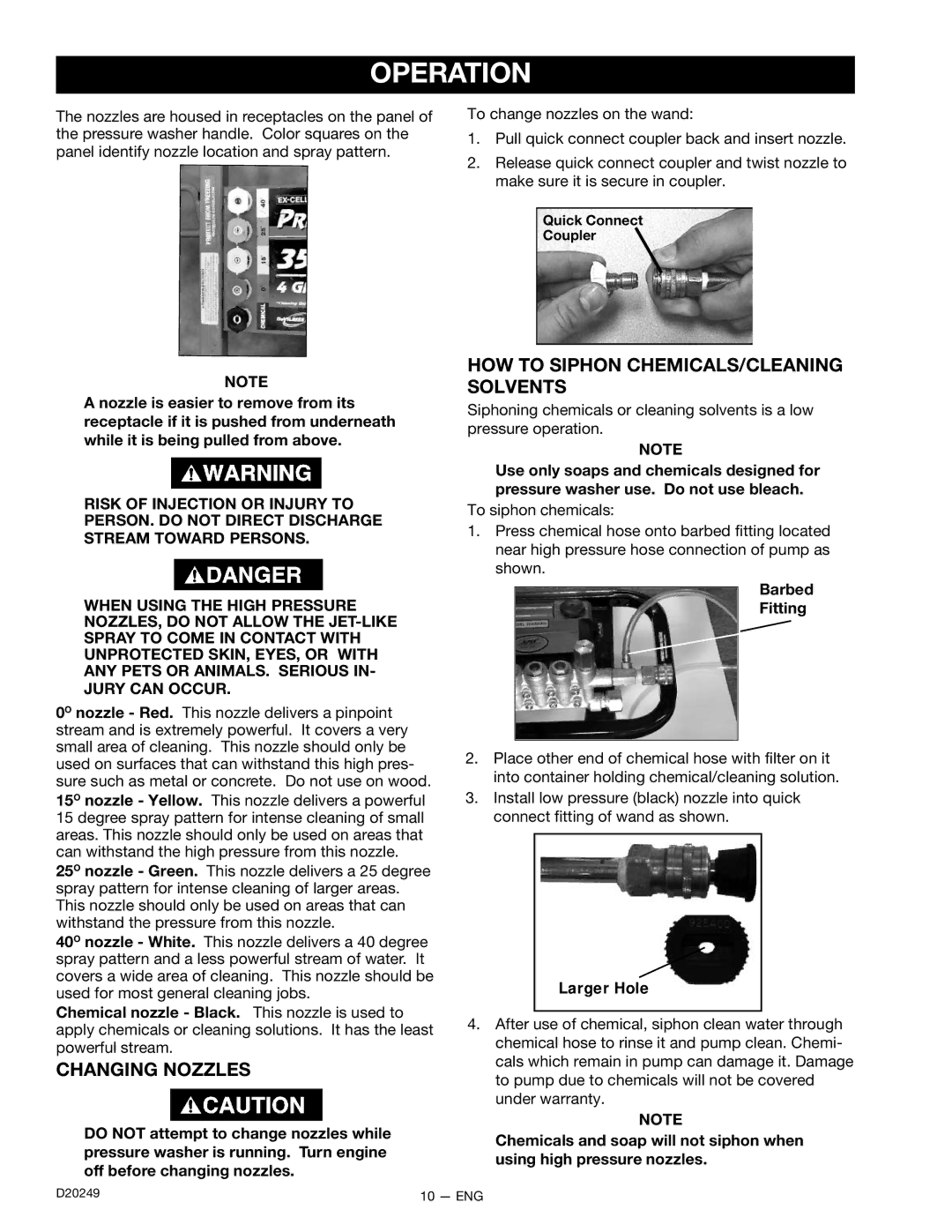 DeVillbiss Air Power Company D20249, 3540CWHP owner manual Pressure Washer Basics Operation, Changing Nozzles 