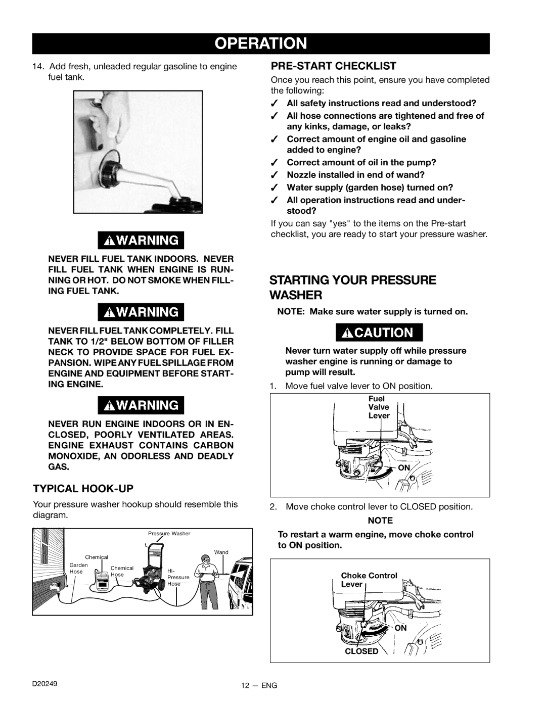 DeVillbiss Air Power Company D20249, 3540CWHP owner manual Typical HOOK-UP, PRE-START Checklist 