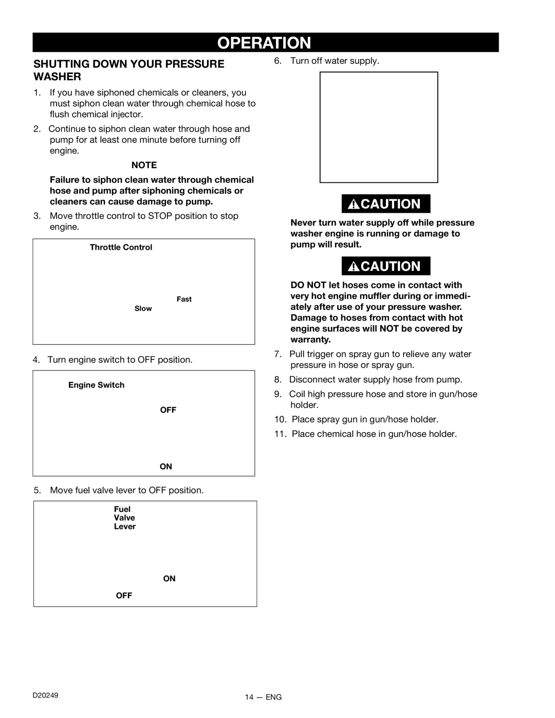 DeVillbiss Air Power Company D20249, 3540CWHP owner manual Shutting Down Your Pressure Washer 