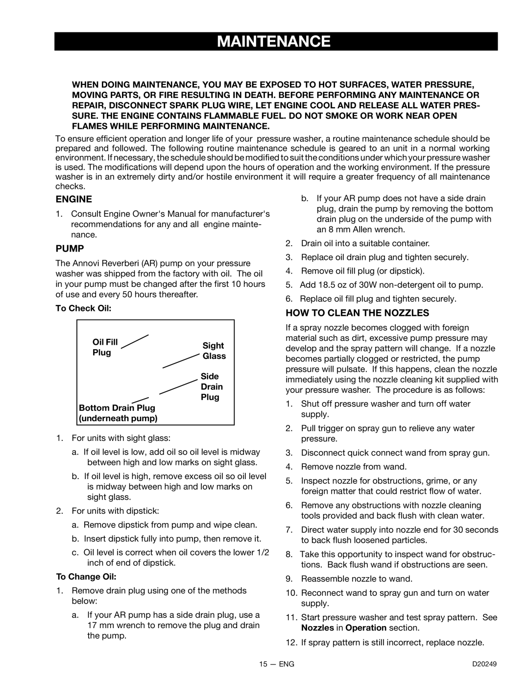 DeVillbiss Air Power Company 3540CWHP, D20249 owner manual Maintenance, Engine Pump 