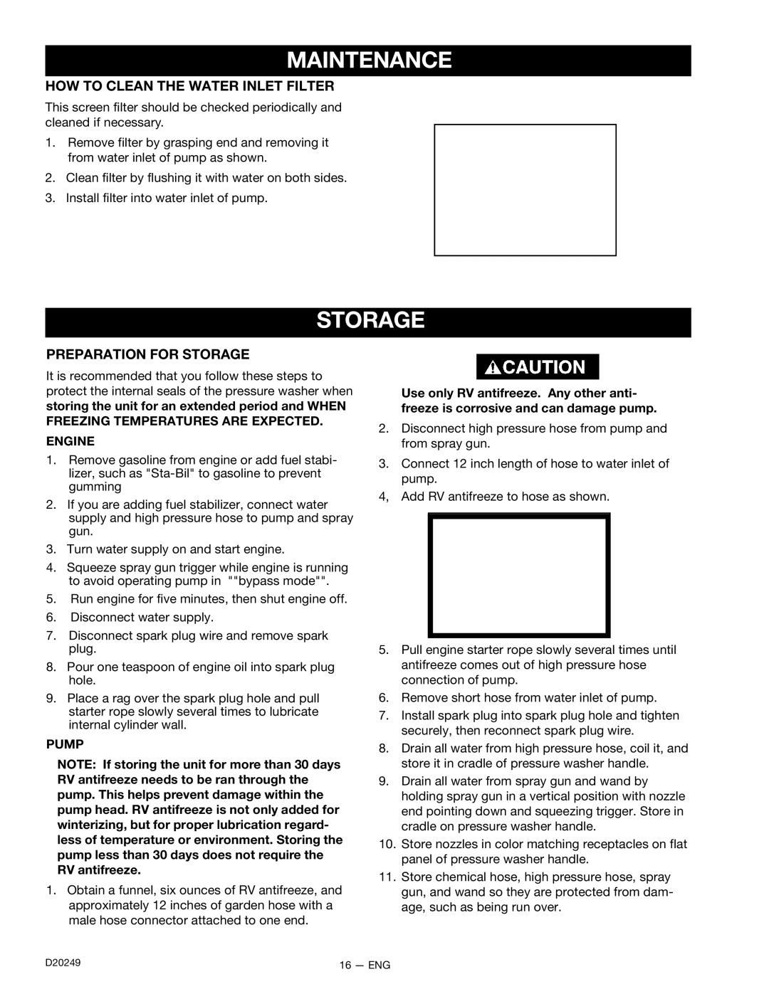 DeVillbiss Air Power Company D20249, 3540CWHP owner manual Storage, HOW to Clean the Water Inlet Filter 