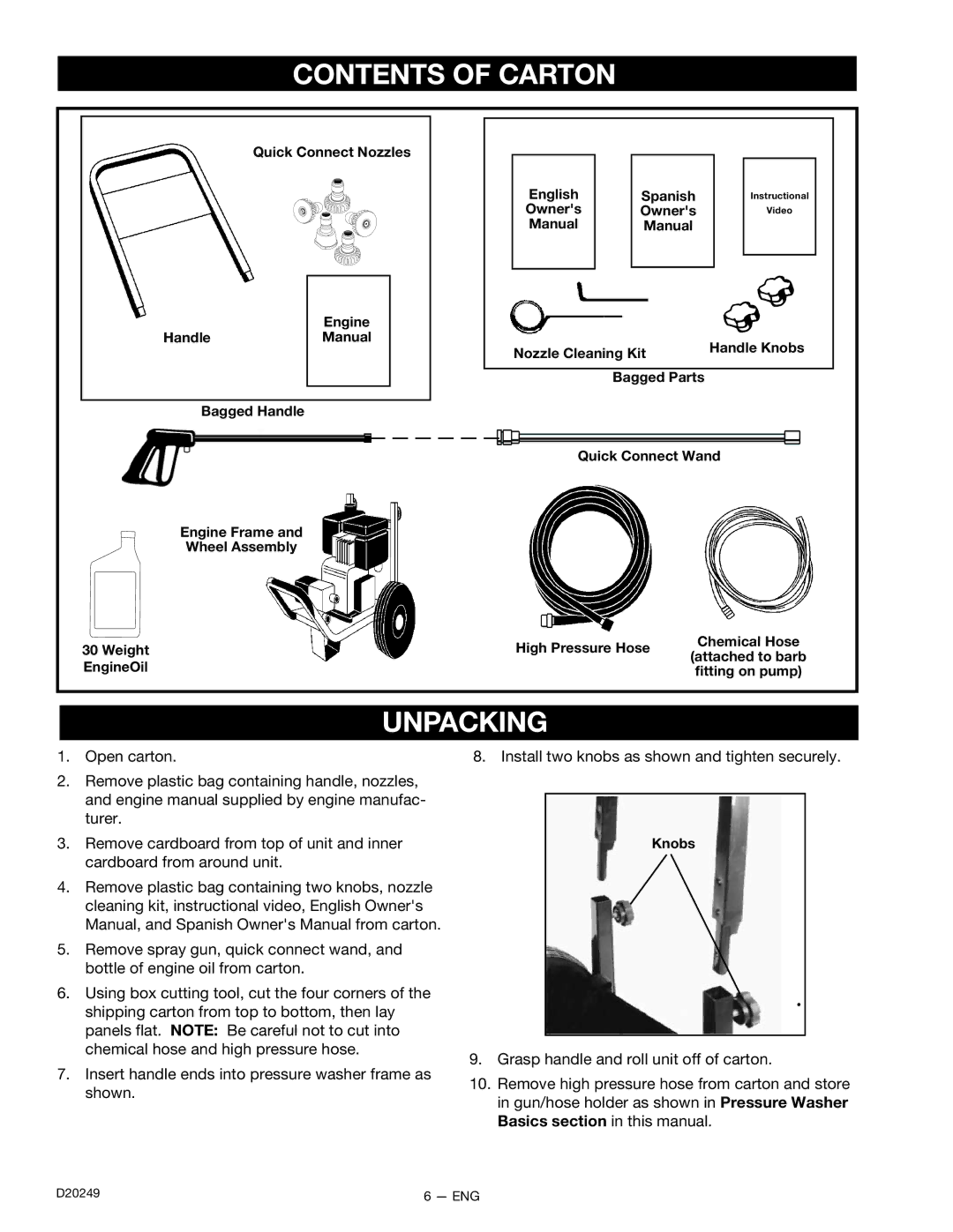 DeVillbiss Air Power Company D20249, 3540CWHP owner manual Contents of Carton, Unpacking 