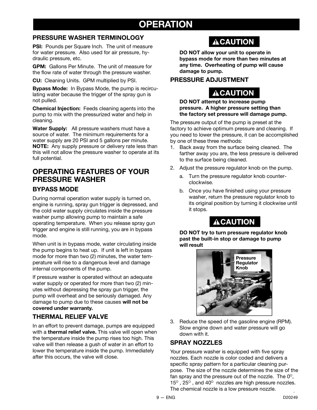 DeVillbiss Air Power Company 3540CWHP Pressure Washer Terminology, Bypass Mode, Thermal Relief Valve, Pressure Adjustment 