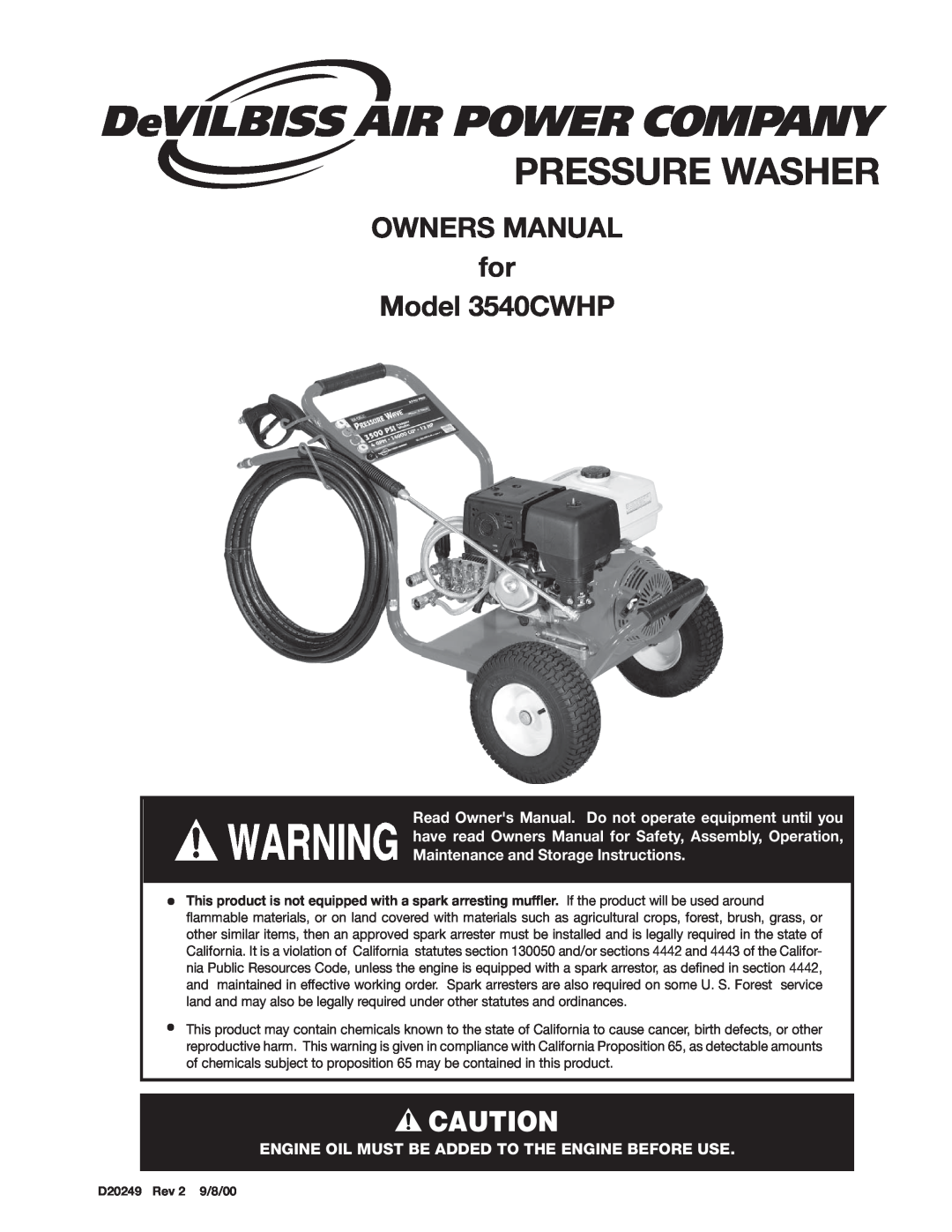 DeVillbiss Air Power Company 3540CWHP owner manual Pressure Washer, Engine Oil Must Be Added To The Engine Before Use 