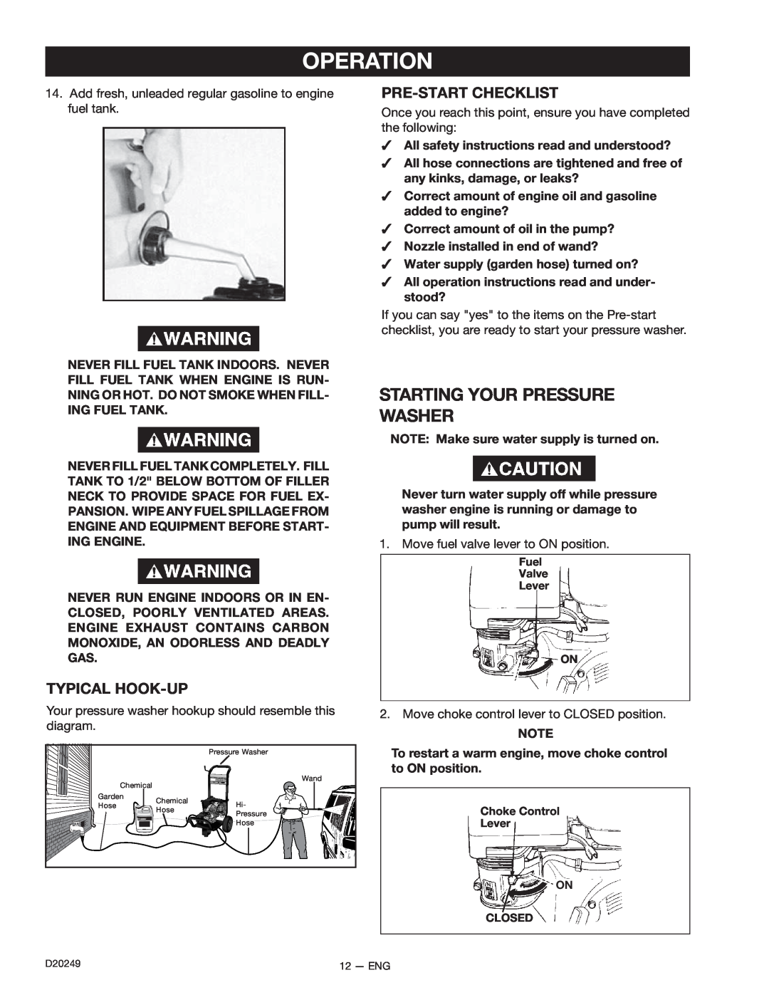 DeVillbiss Air Power Company D20249 Starting Your Pressure Washer, Typical Hook-Up, Pre-Startchecklist, Operation 