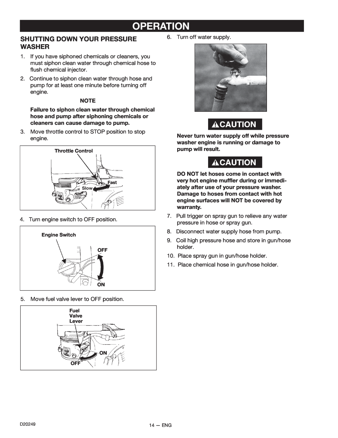 DeVillbiss Air Power Company D20249, 3540CWHP owner manual Shutting Down Your Pressure Washer, Operation 