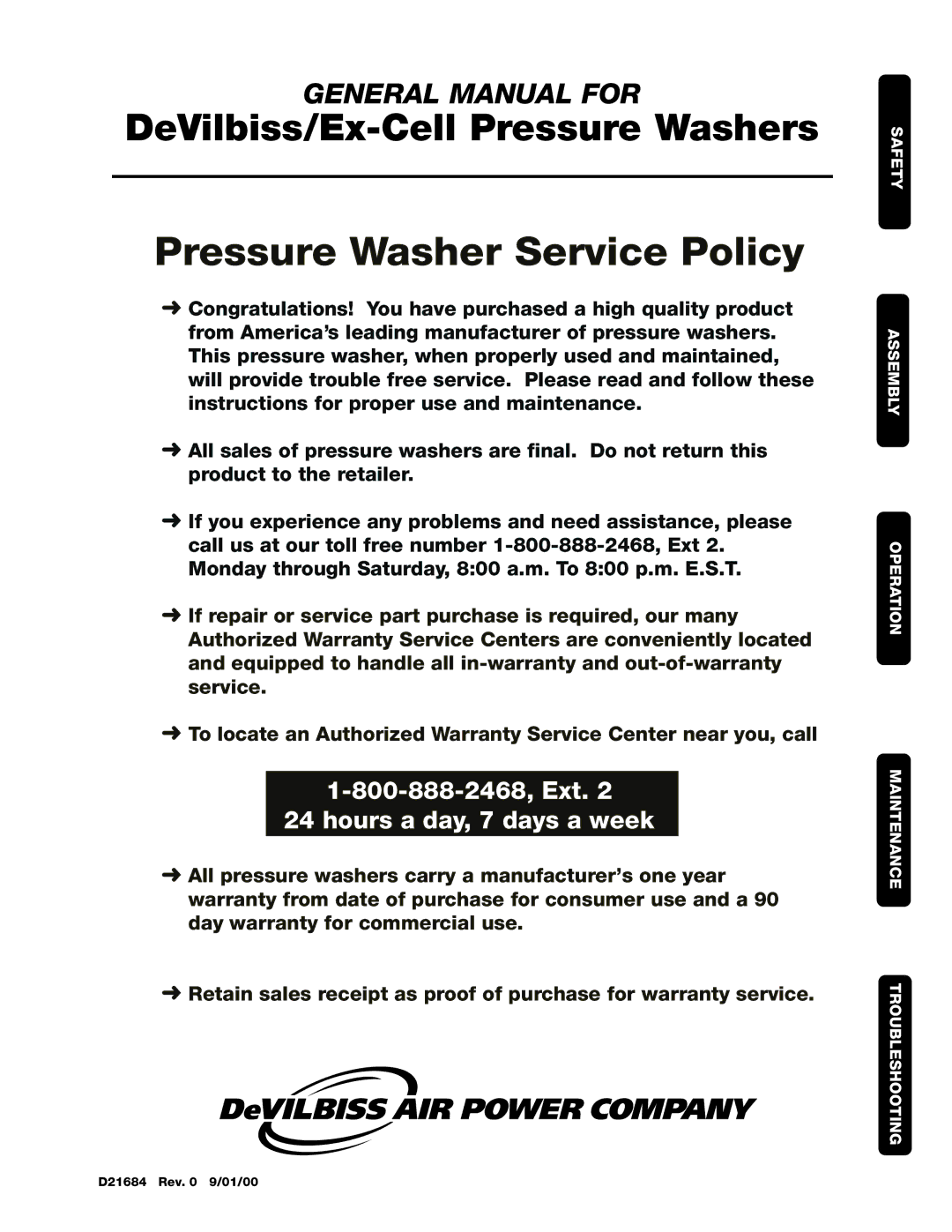 DeVillbiss Air Power Company D21684 warranty Pressure Washer Service Policy 