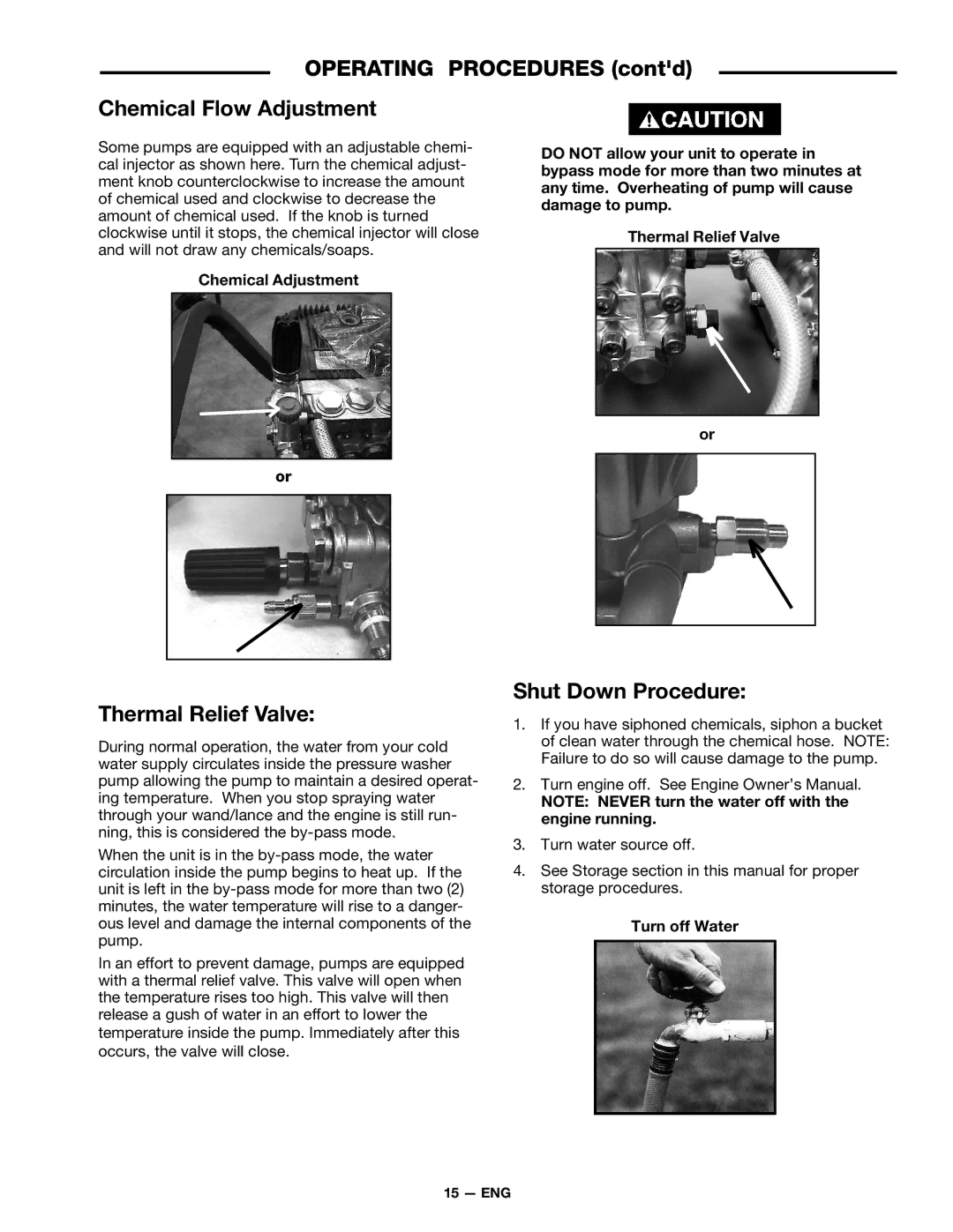 DeVillbiss Air Power Company D21684 warranty Operating Procedures contd Chemical Flow Adjustment, Thermal Relief Valve 