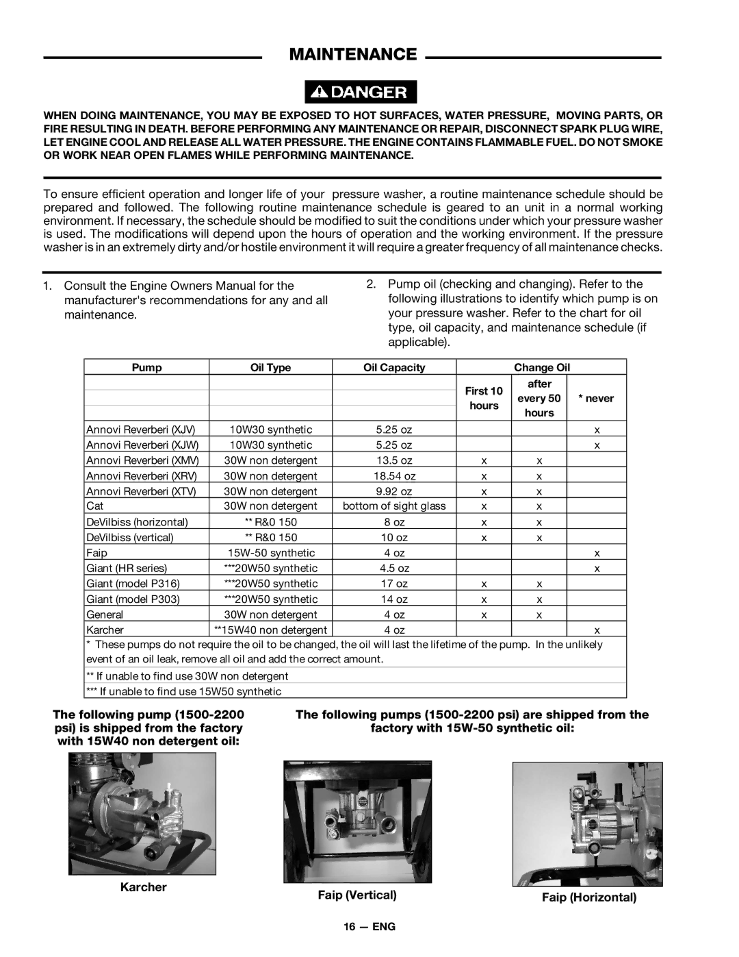 DeVillbiss Air Power Company D21684 warranty Maintenance, Hours 