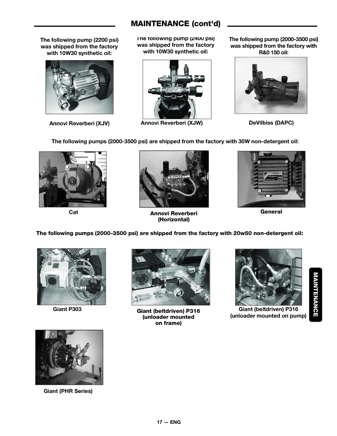 DeVillbiss Air Power Company D21684 Maintenance contd, Following pump 2200 psi Following pump 2400 psi, Giant PHR Series 