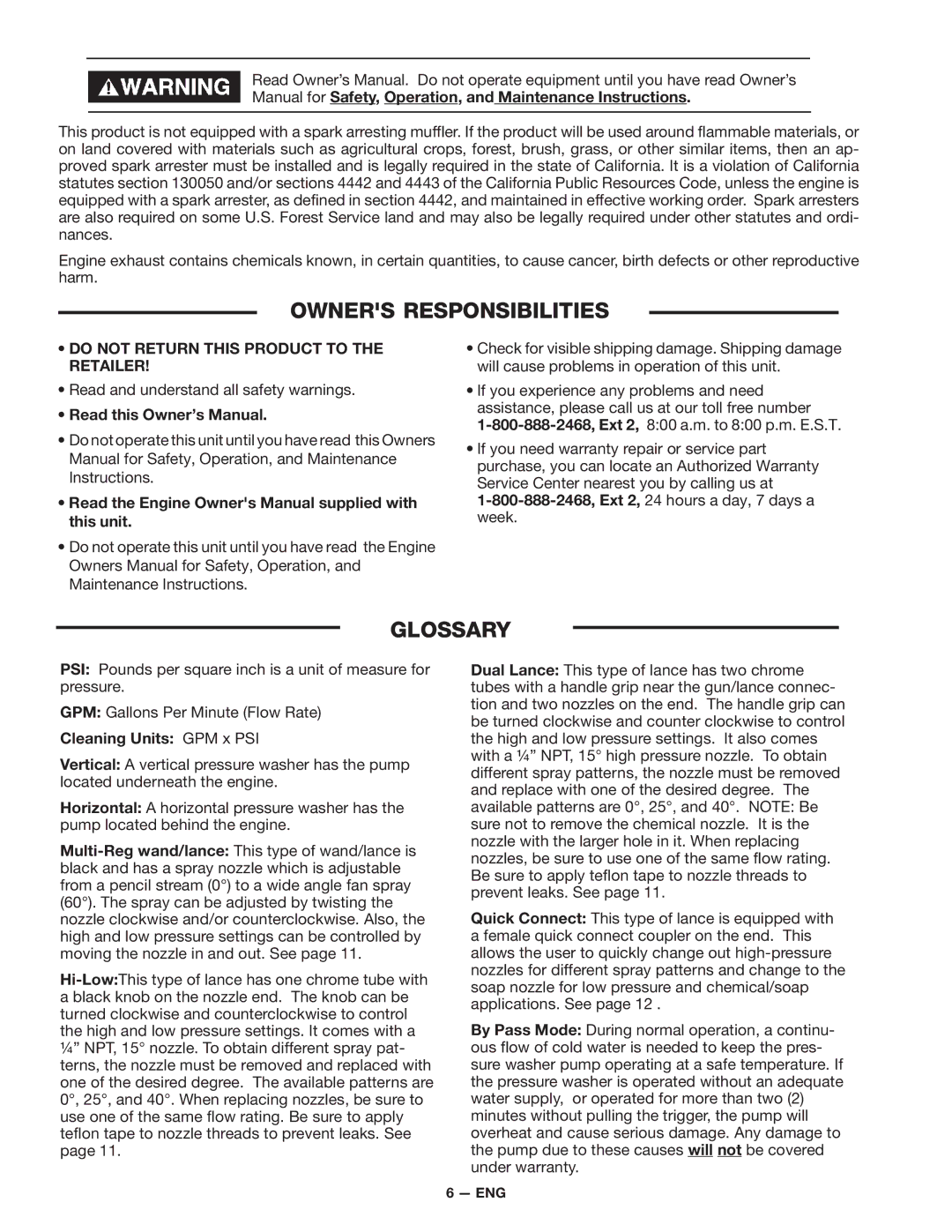 DeVillbiss Air Power Company D21684 warranty Owners Responsibilities, Glossary, Cleaning Units GPM x PSI 