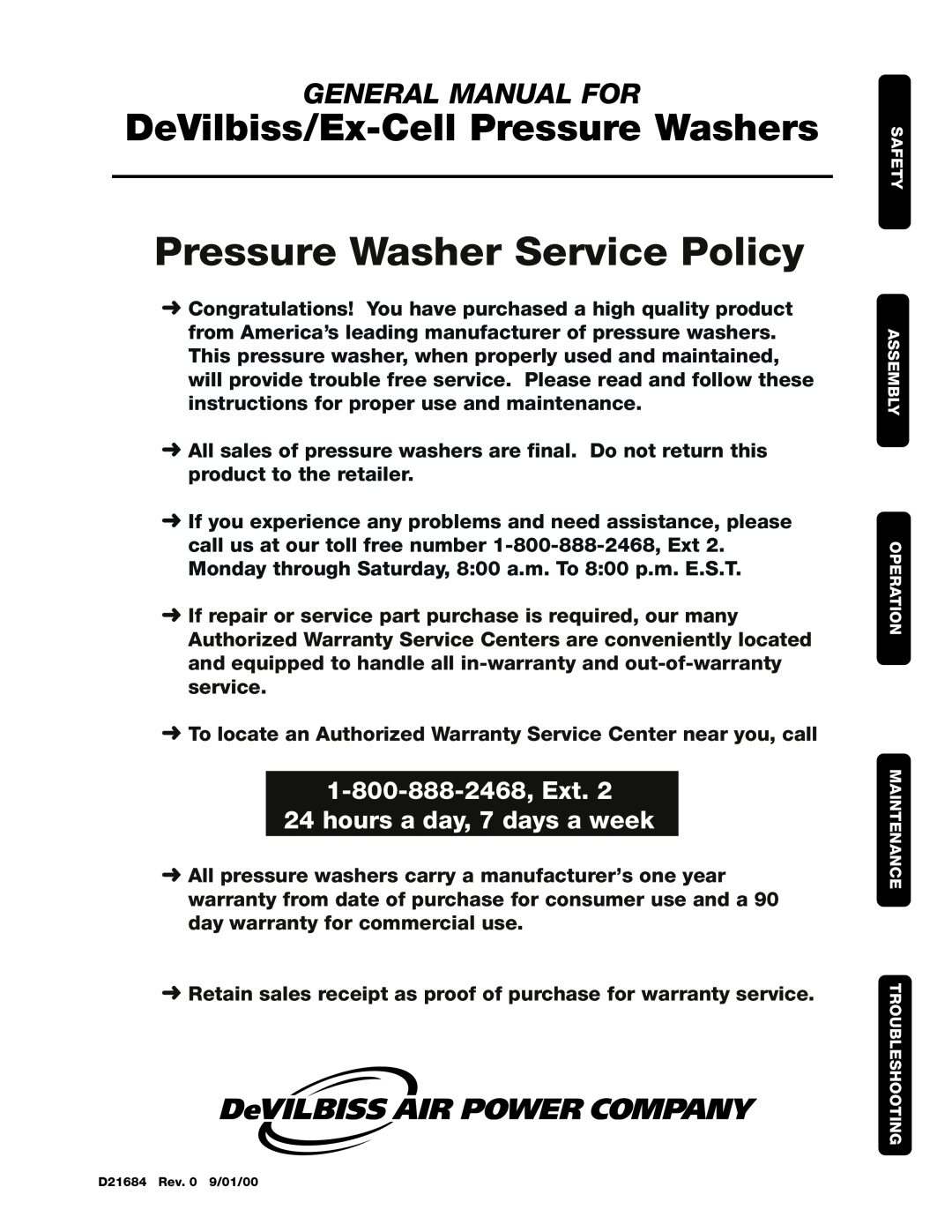 DeVillbiss Air Power Company D21684 warranty Pressure Washer Service Policy, DeVilbiss/Ex-Cell Pressure Washers 