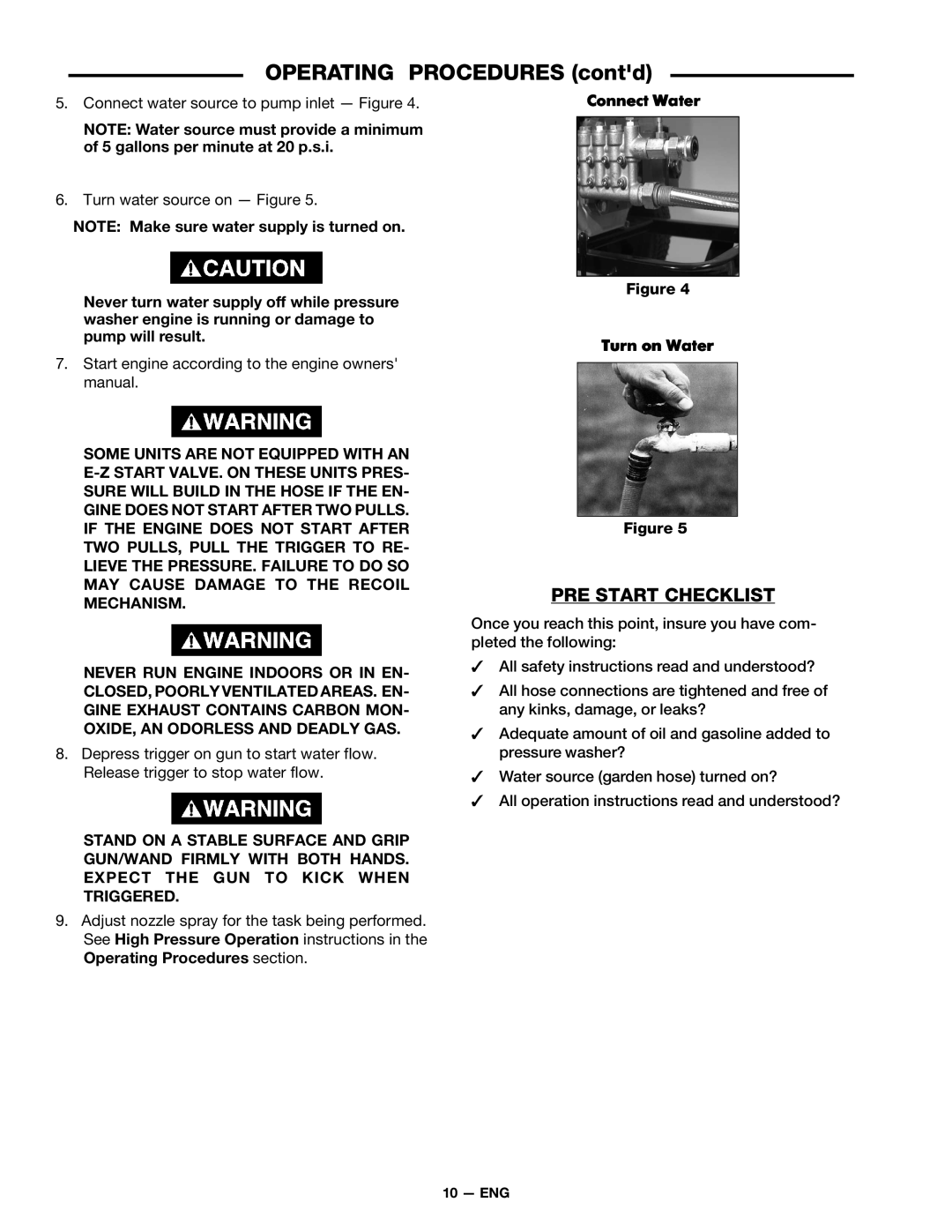 DeVillbiss Air Power Company D21684 warranty OPERATING PROCEDURES contd, Pre Start Checklist, Connect Water, Turn on Water 