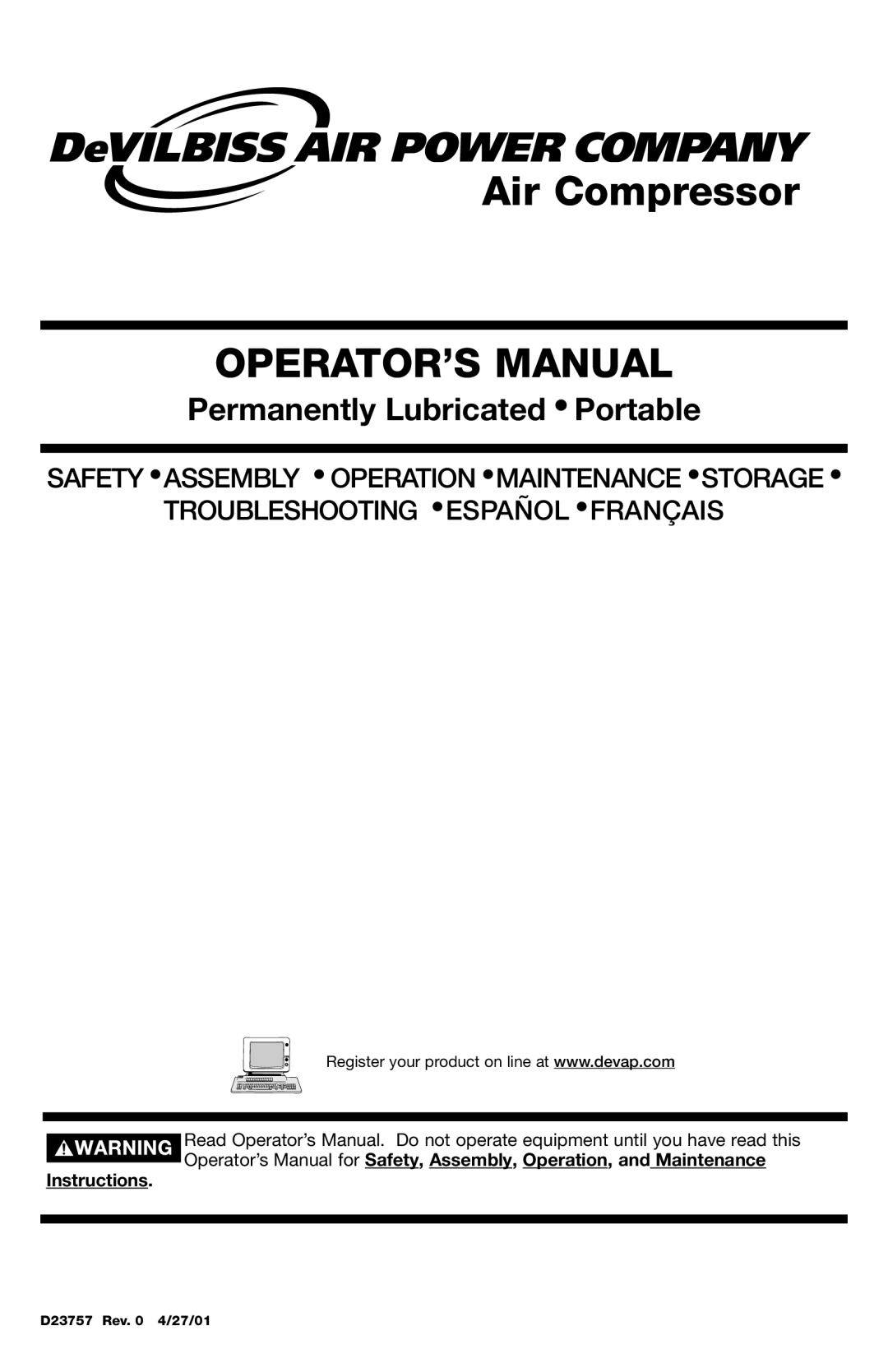 DeVillbiss Air Power Company D23757 manual OPERATOR’S Manual 