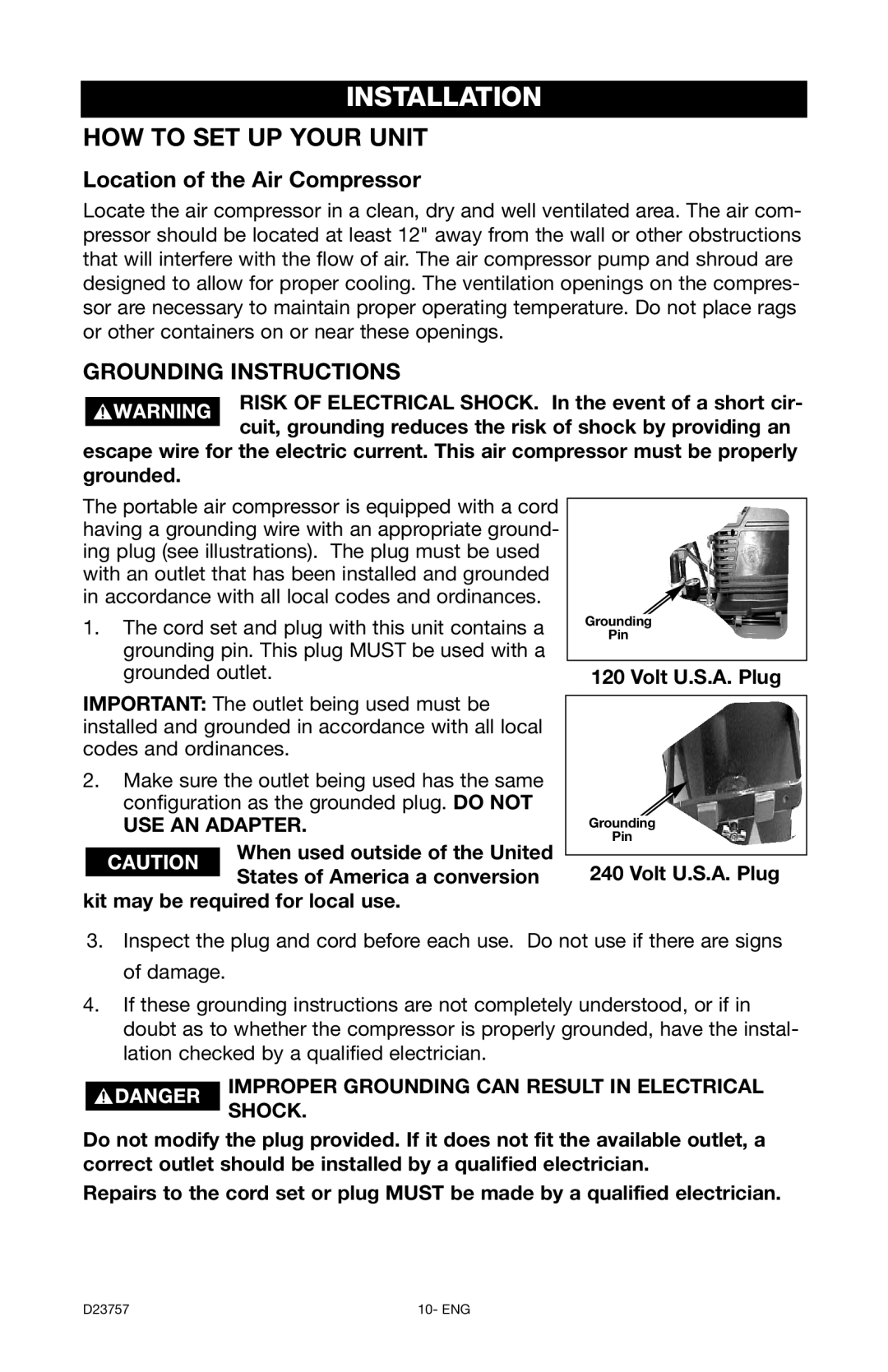 DeVillbiss Air Power Company D23757 manual Installation, Location of the Air Compressor 