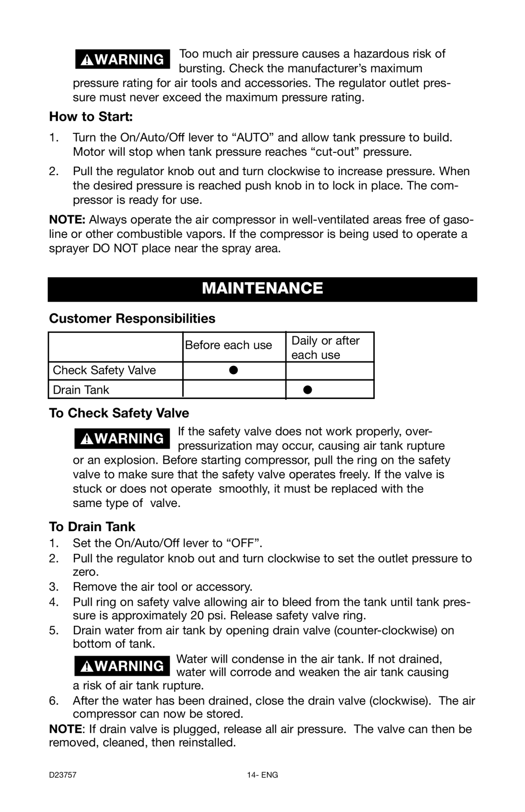 DeVillbiss Air Power Company D23757 manual Maintenance, How to Start, Customer Responsibilities, To Check Safety Valve 