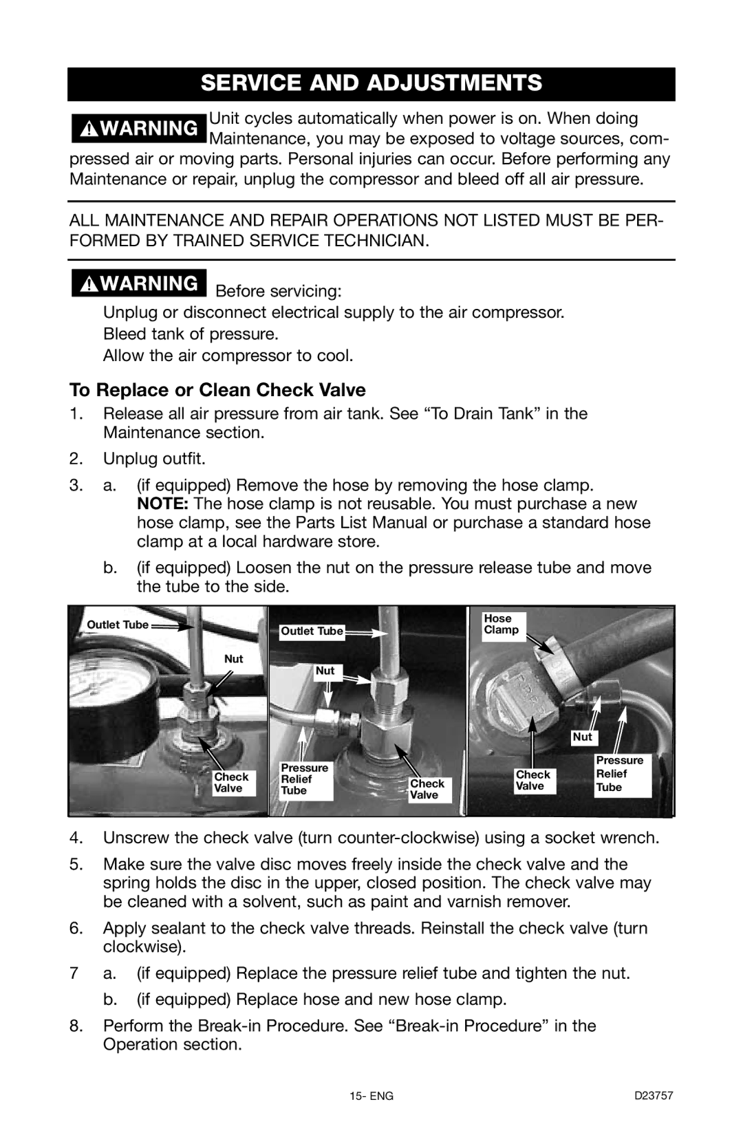 DeVillbiss Air Power Company D23757 manual Service and Adjustments, To Replace or Clean Check Valve 