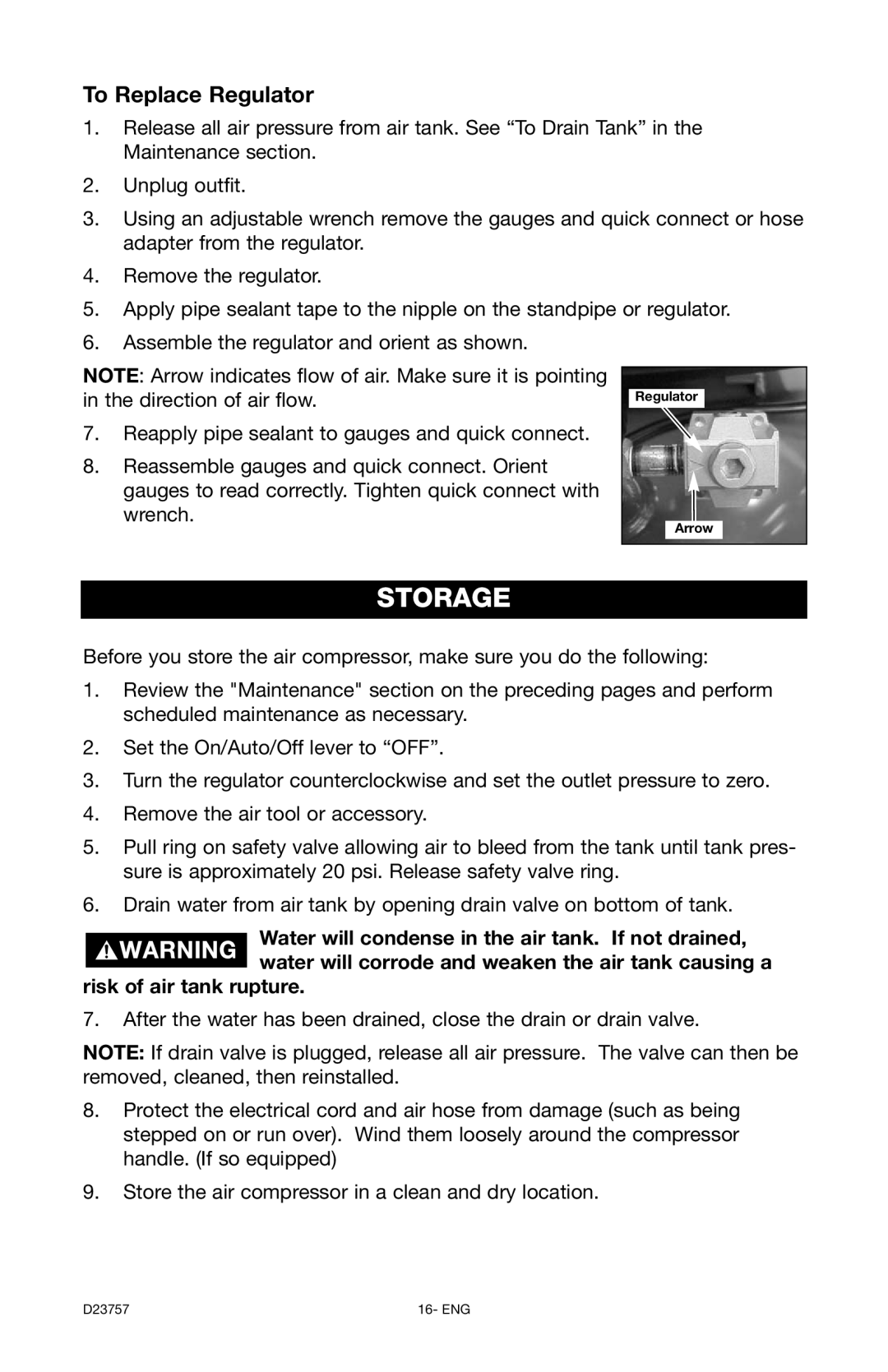 DeVillbiss Air Power Company D23757 manual Storage, To Replace Regulator 