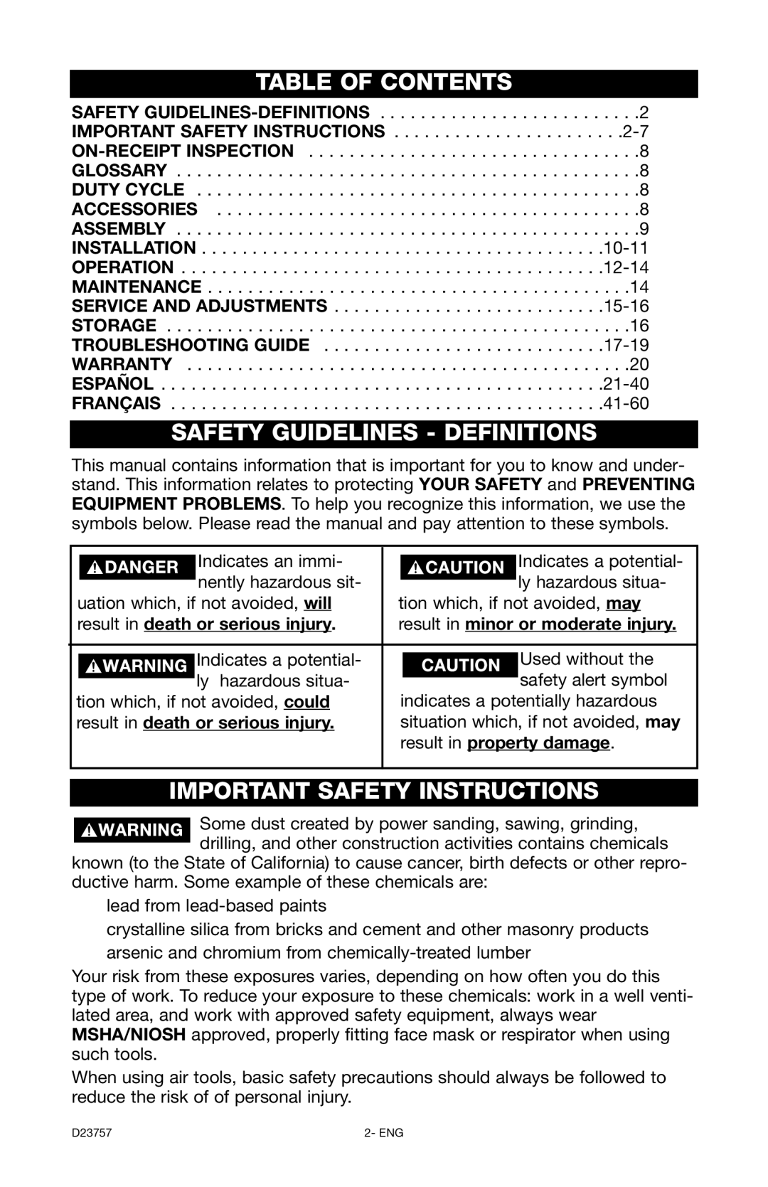 DeVillbiss Air Power Company D23757 manual Table of Contents, Safety Guidelines Definitions, Important Safety Instructions 