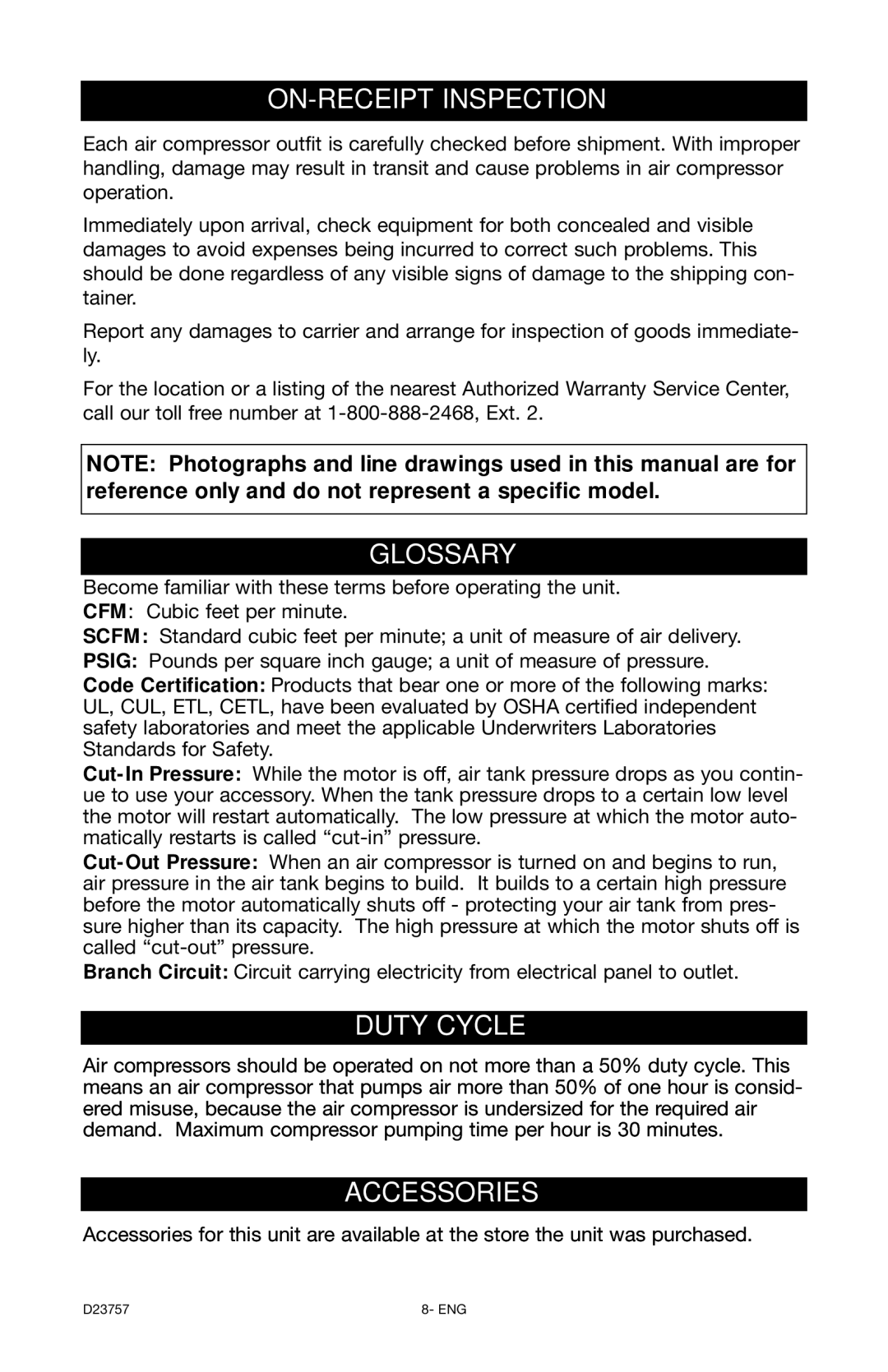 DeVillbiss Air Power Company D23757 manual ON-RECEIPT Inspection, Glossary, Duty Cycle, Accessories 