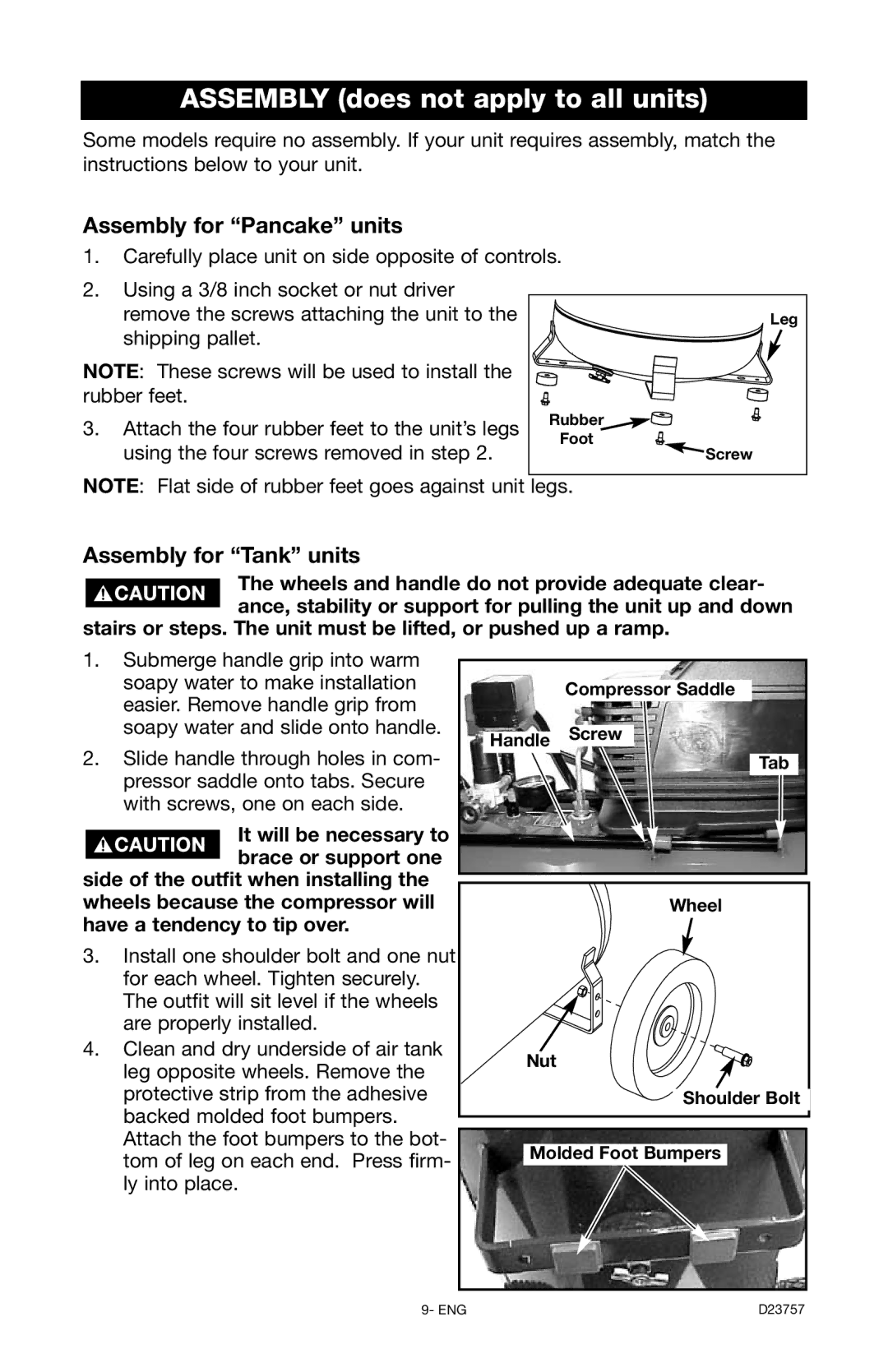 DeVillbiss Air Power Company D23757 manual Assembly for Pancake units, Assembly for Tank units 