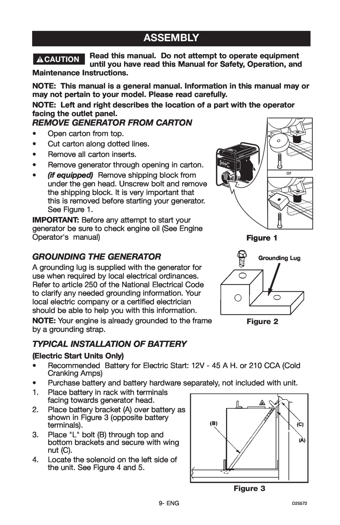 DeVillbiss Air Power Company D25572 warranty Assembly, Remove Generator From Carton, Grounding The Generator 