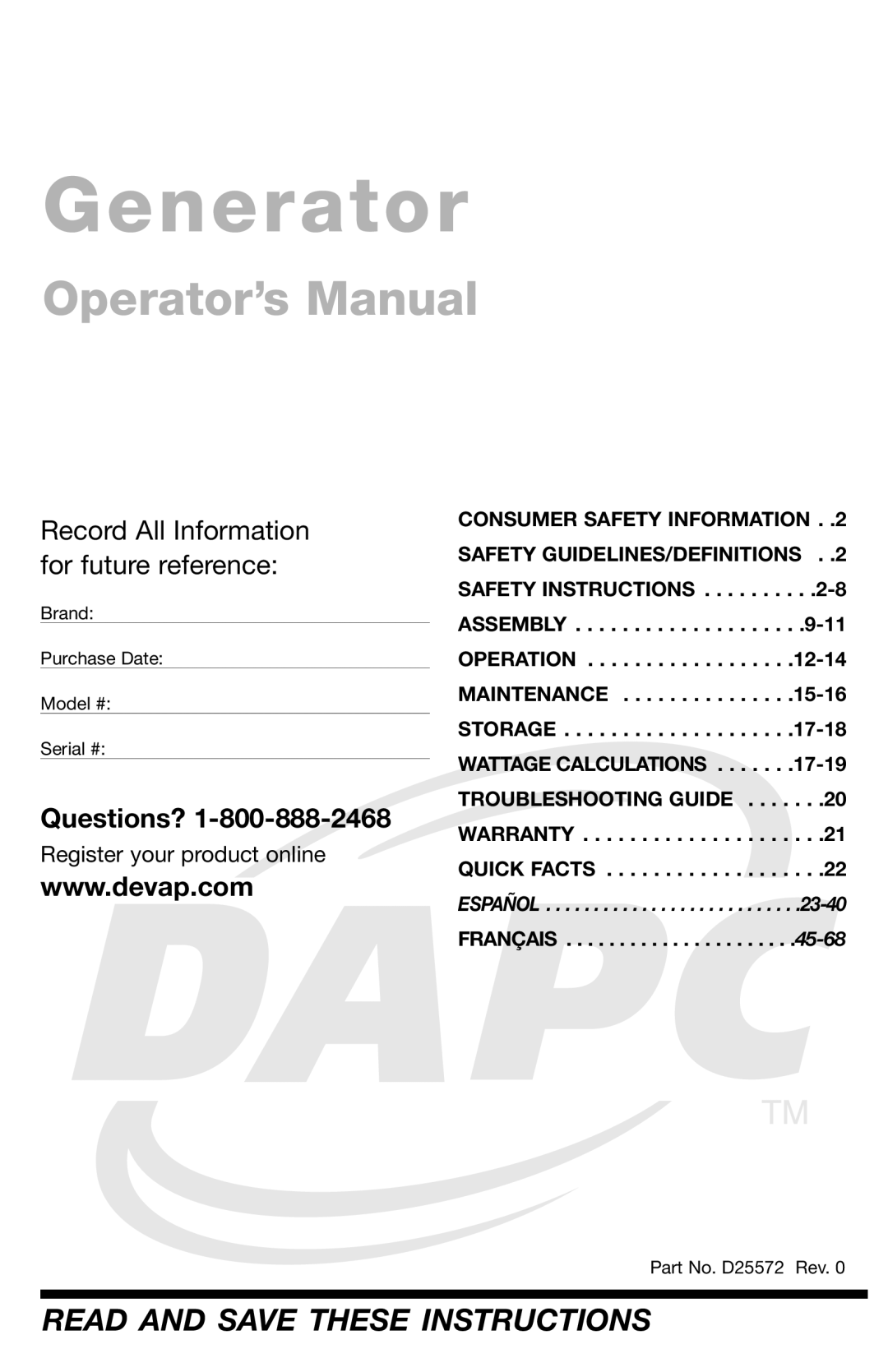 DeVillbiss Air Power Company D25572 warranty Generator 