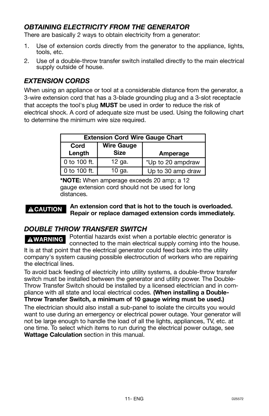 DeVillbiss Air Power Company D25572 warranty Obtaining Electricity from the Generator, Extension Cords 