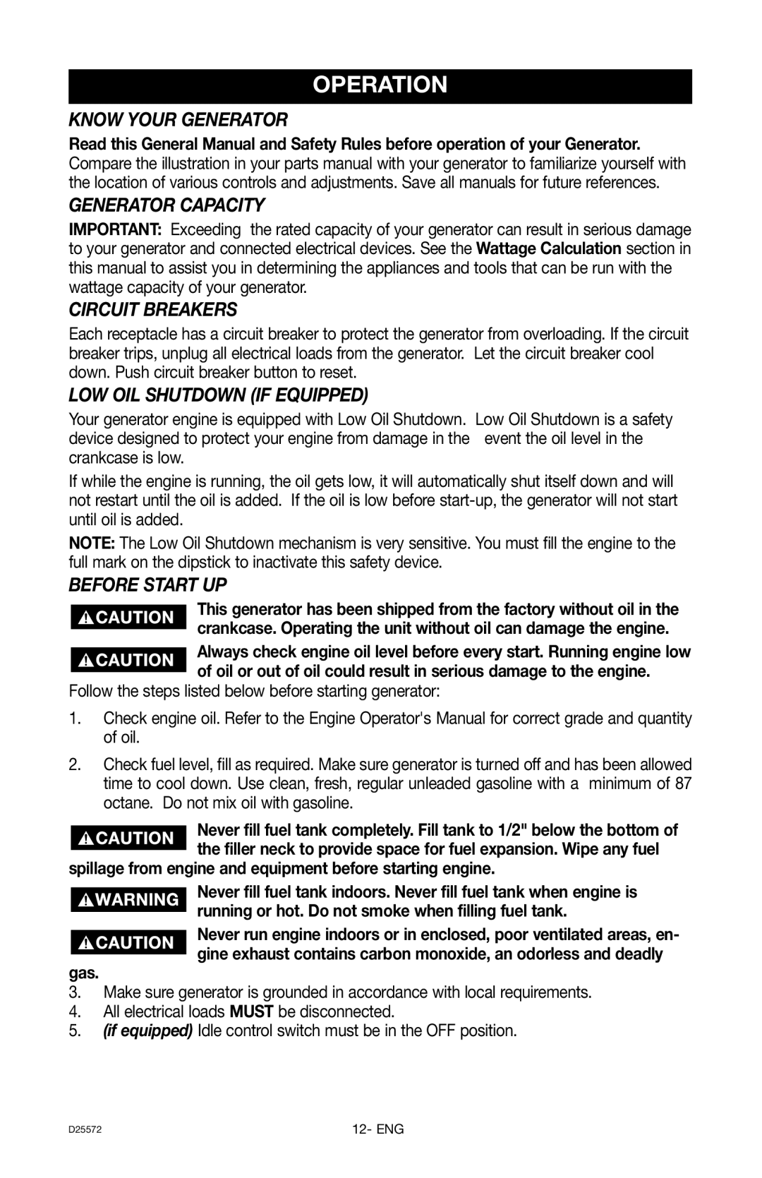 DeVillbiss Air Power Company D25572 warranty Operation 