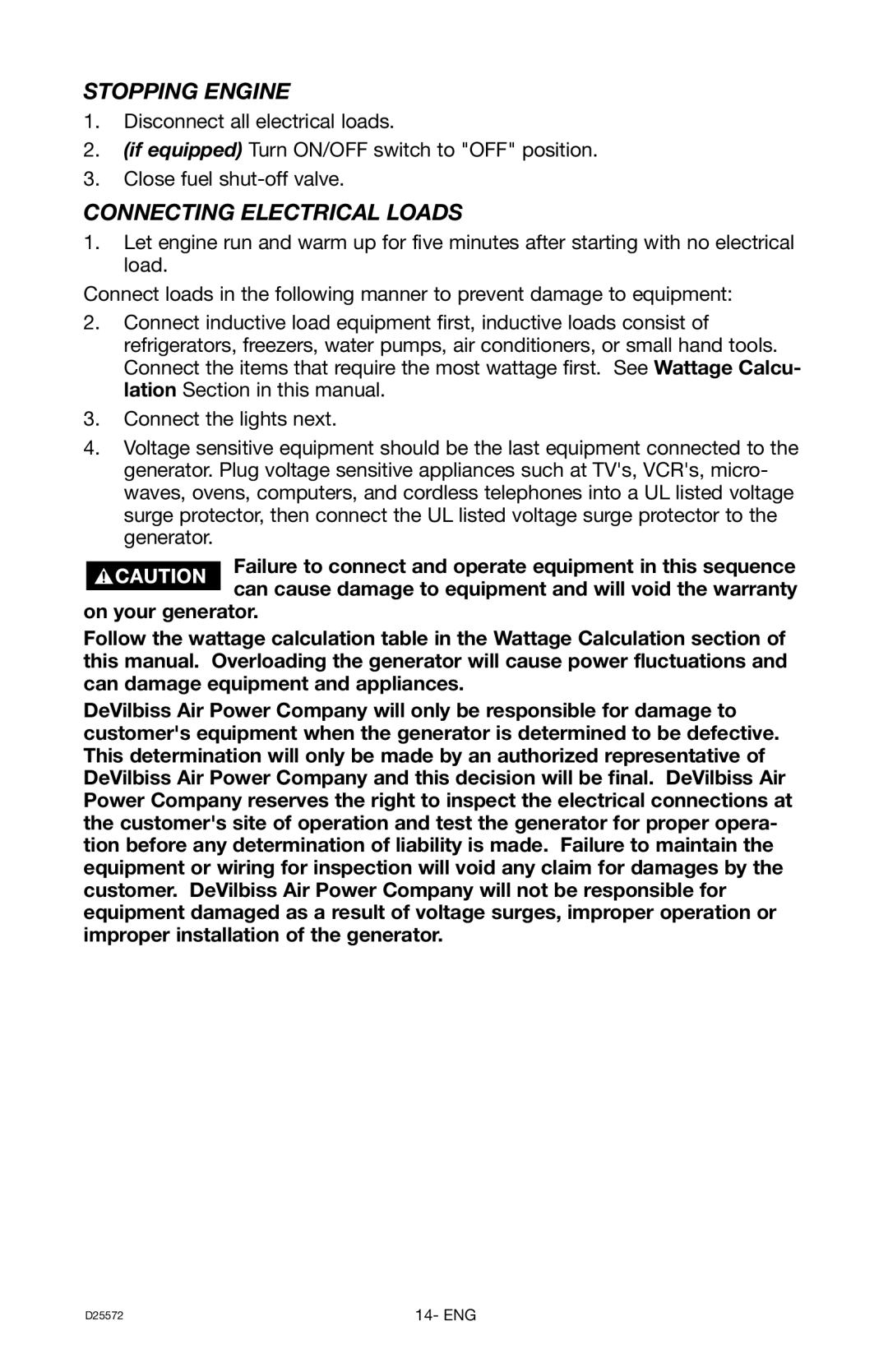 DeVillbiss Air Power Company D25572 warranty Stopping Engine, Connecting Electrical Loads 