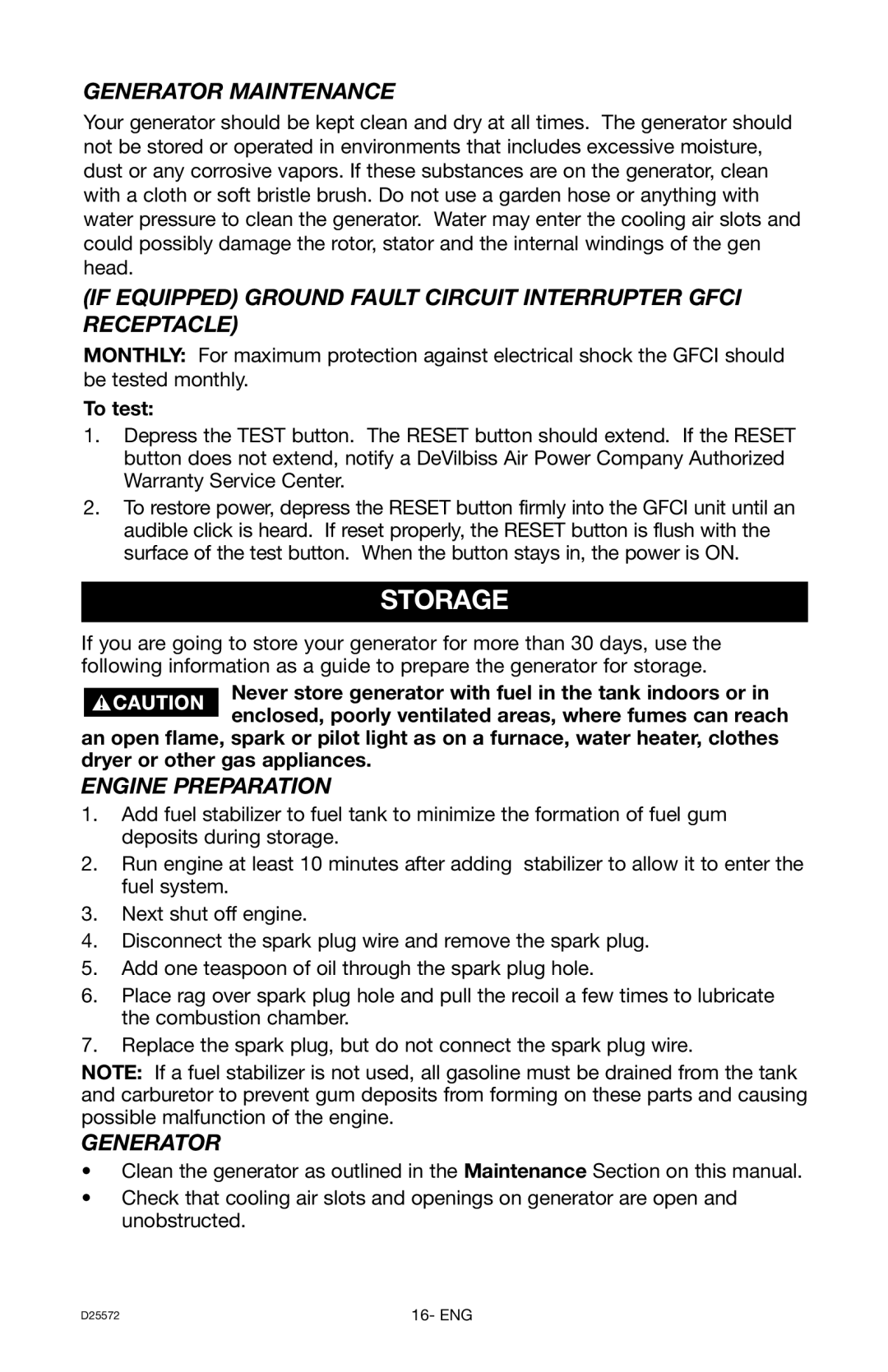 DeVillbiss Air Power Company D25572 warranty Storage, Generator Maintenance, Engine Preparation 