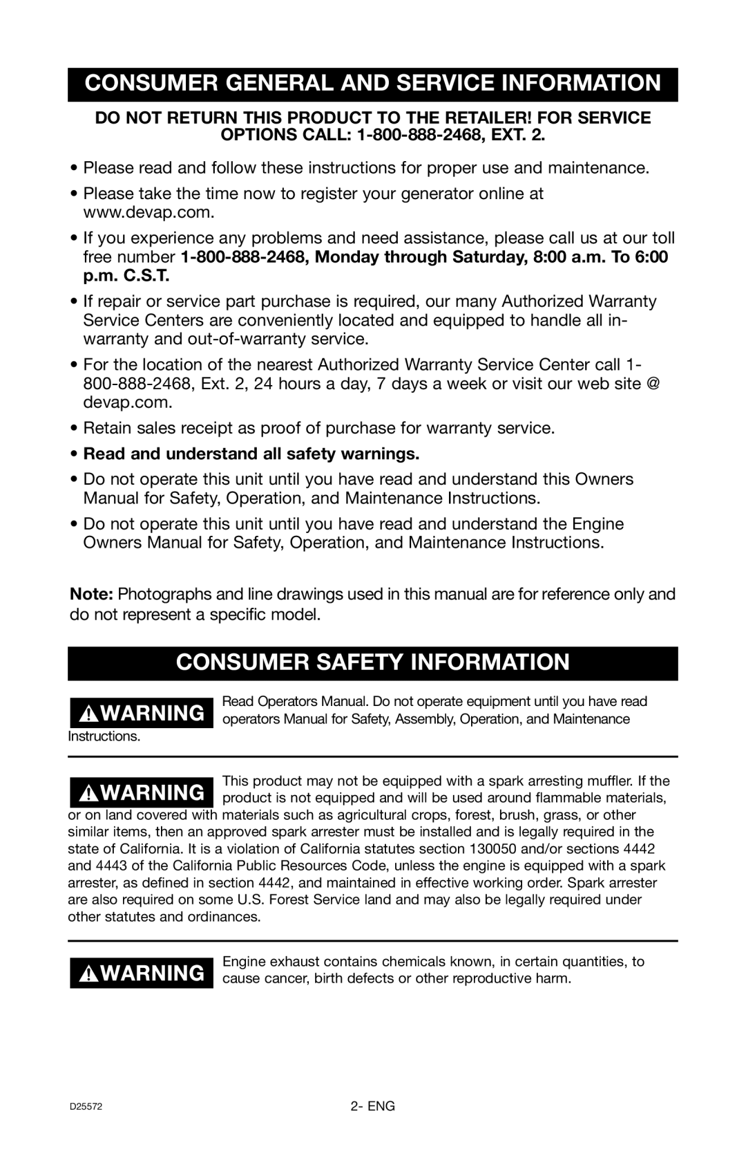 DeVillbiss Air Power Company D25572 warranty Consumer General and Service Information, Consumer Safety Information 