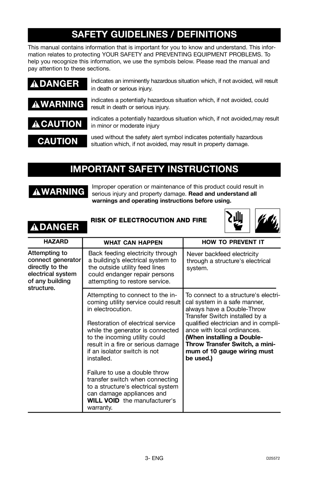 DeVillbiss Air Power Company D25572 warranty Safety Guidelines / Definitions, Important Safety Instructions, Be used 