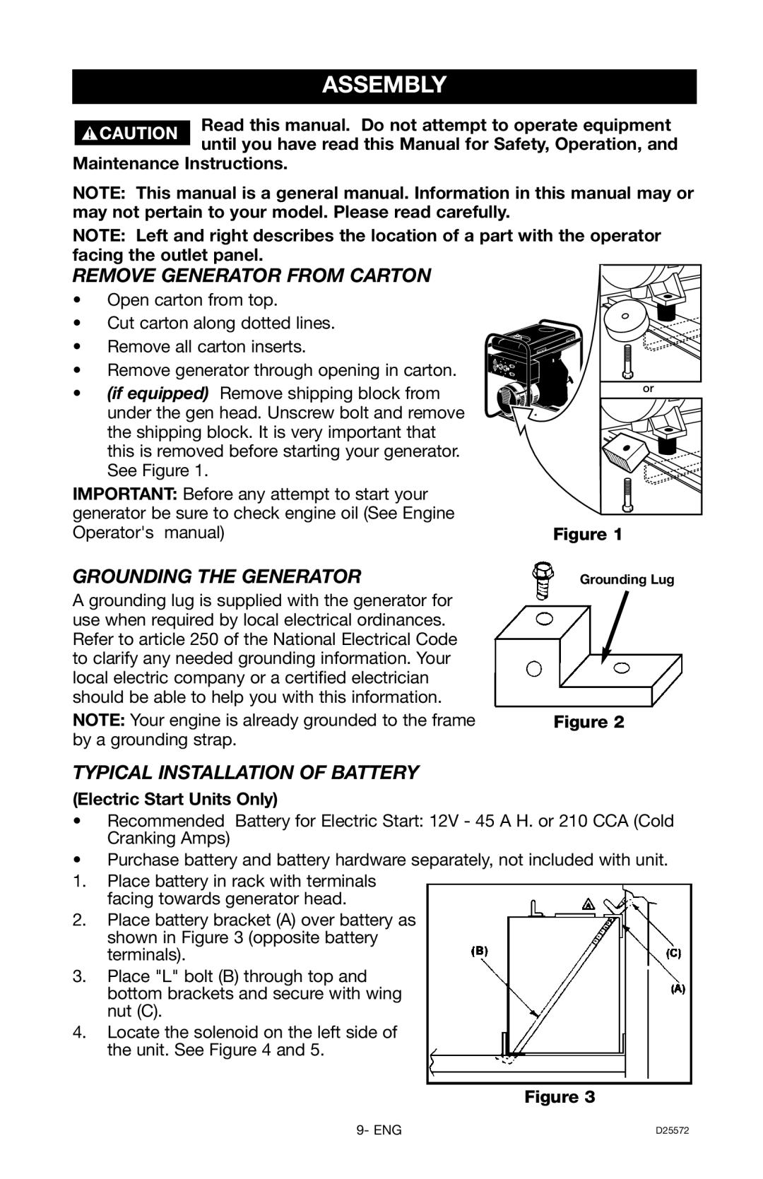 DeVillbiss Air Power Company D25572 warranty Assembly, Remove Generator from Carton, Grounding the Generator 