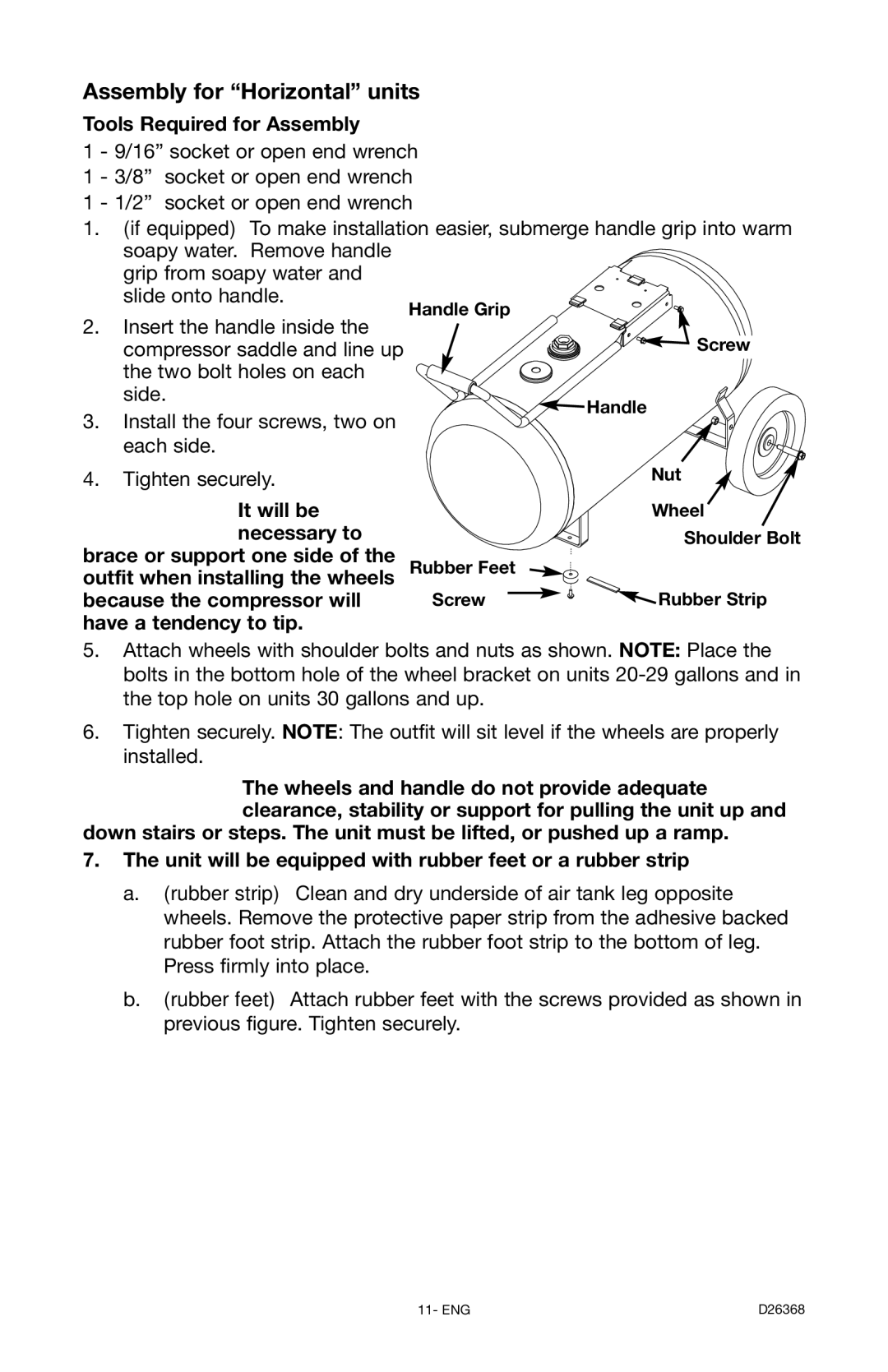 DeVillbiss Air Power Company D26368 manual Assembly for Horizontal units 