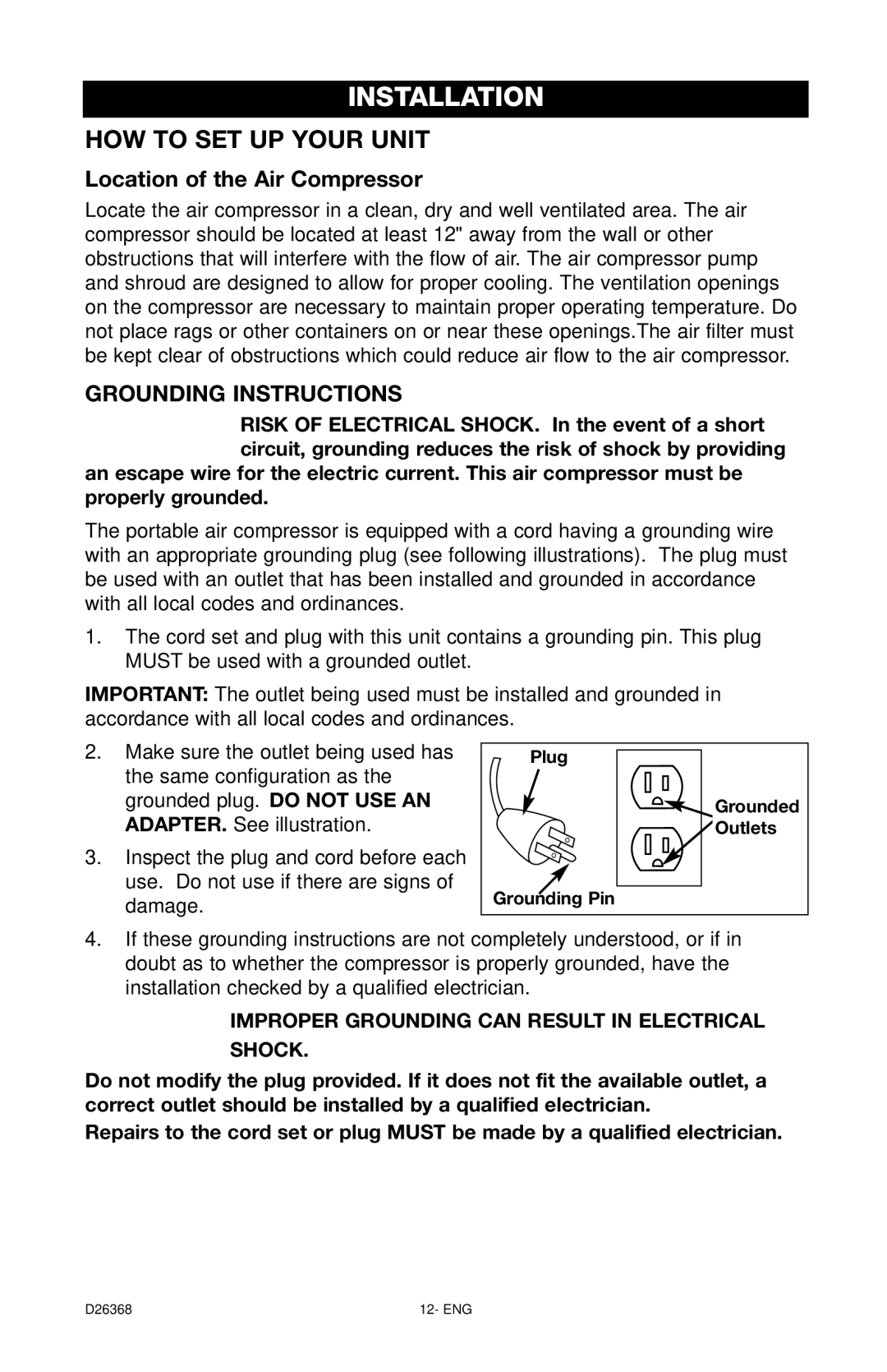 DeVillbiss Air Power Company D26368 manual Installation, Location of the Air Compressor 