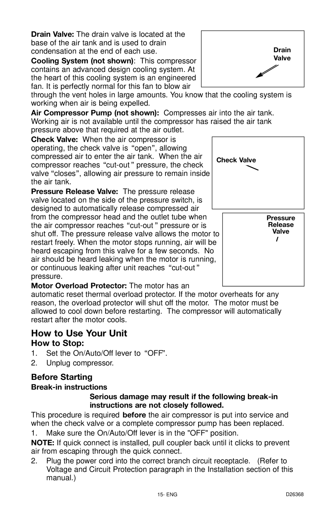 DeVillbiss Air Power Company D26368 manual How to Stop, Before Starting 