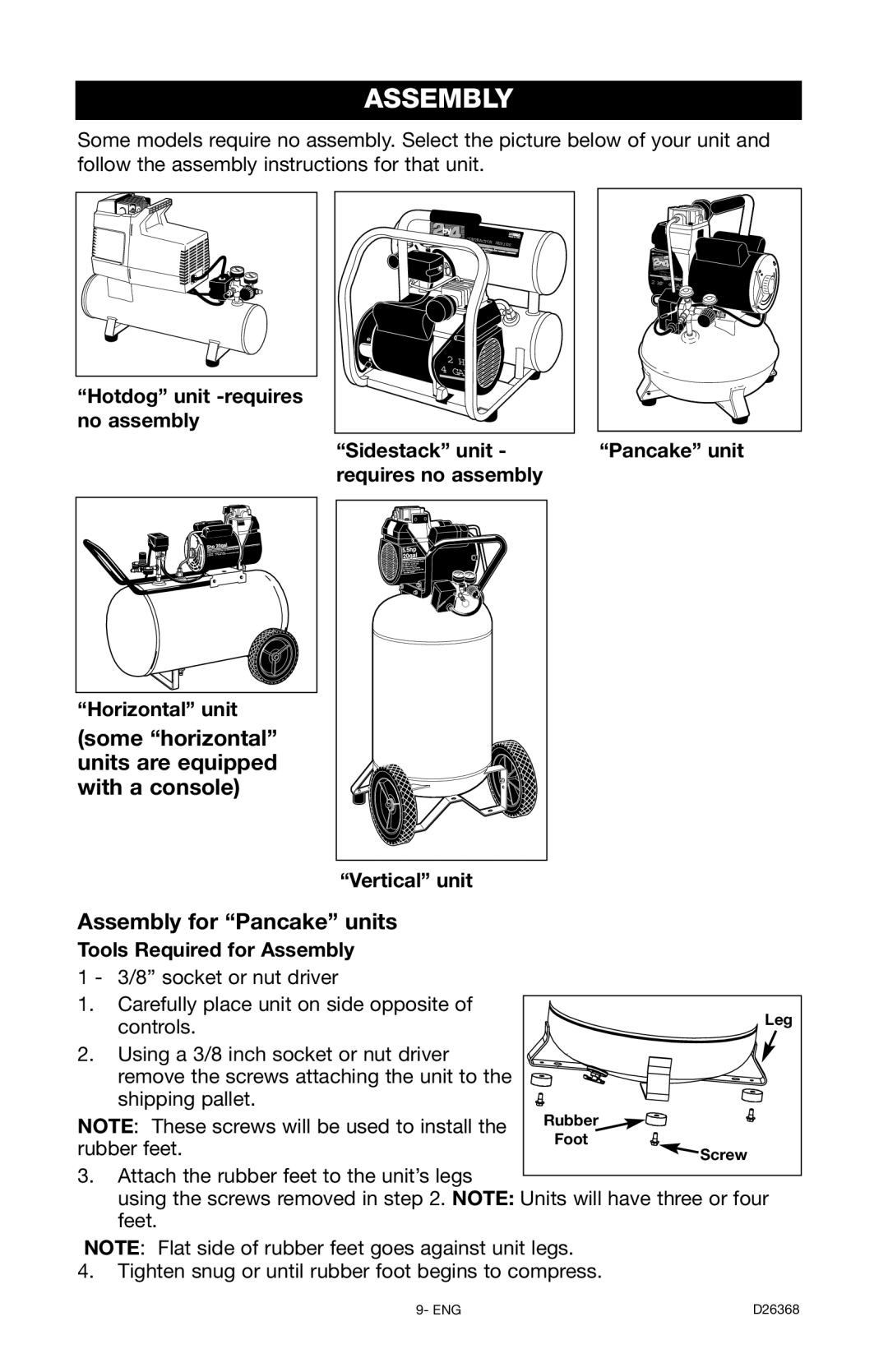 DeVillbiss Air Power Company D26368 manual Assembly, Some horizontal units are equipped with a console 