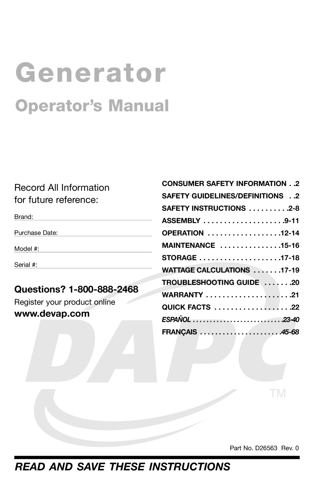 DeVillbiss Air Power Company D26563 warranty Generator 