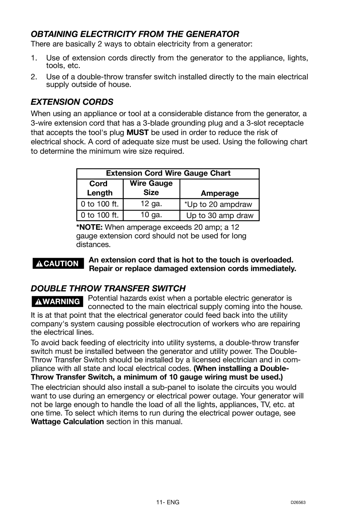 DeVillbiss Air Power Company D26563 warranty Obtaining Electricity from the Generator, Extension Cords, 12 ga, 10 ga 