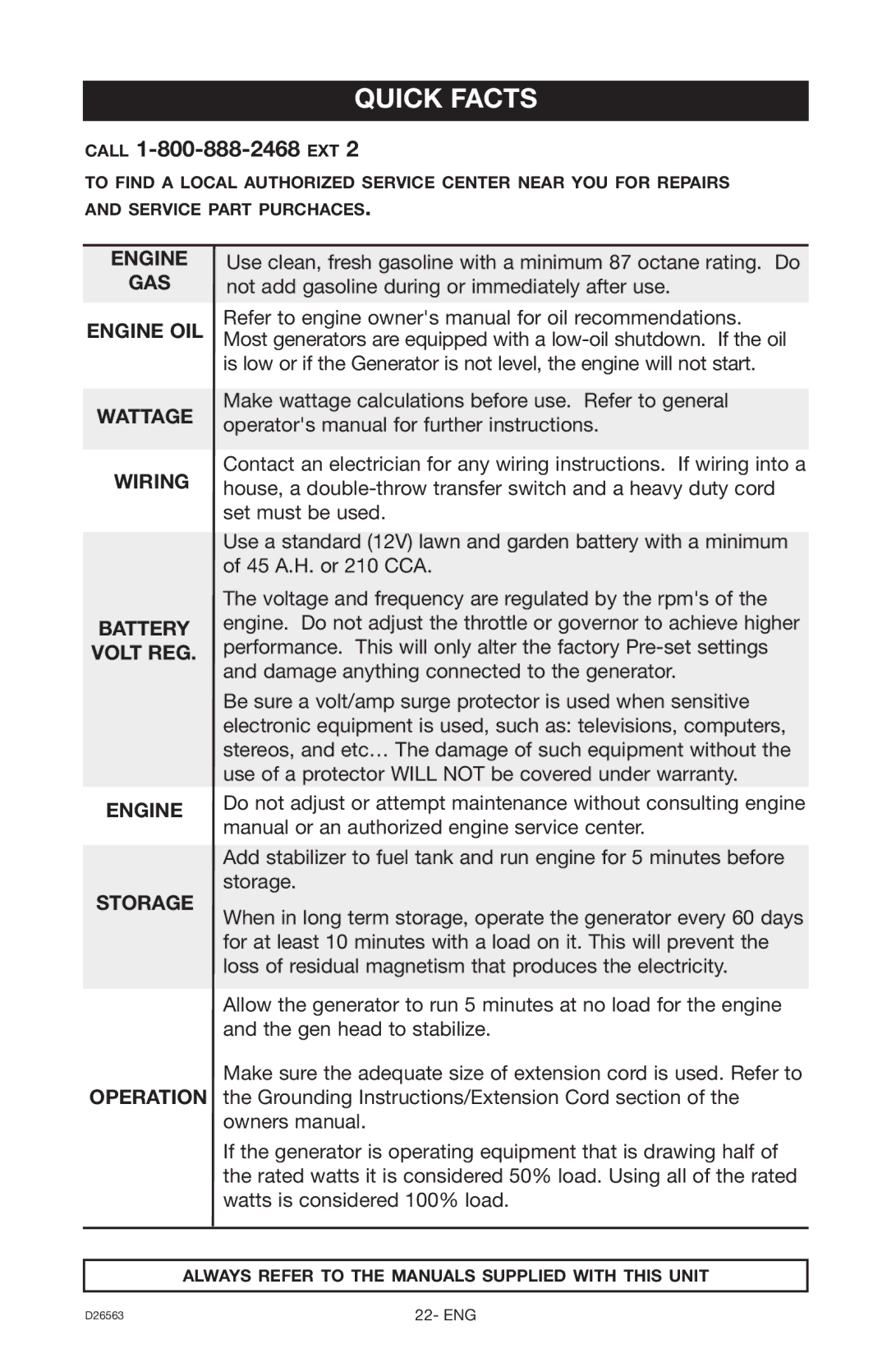 DeVillbiss Air Power Company D26563 warranty Quick Facts, Call 1-800-888-2468 EXT 