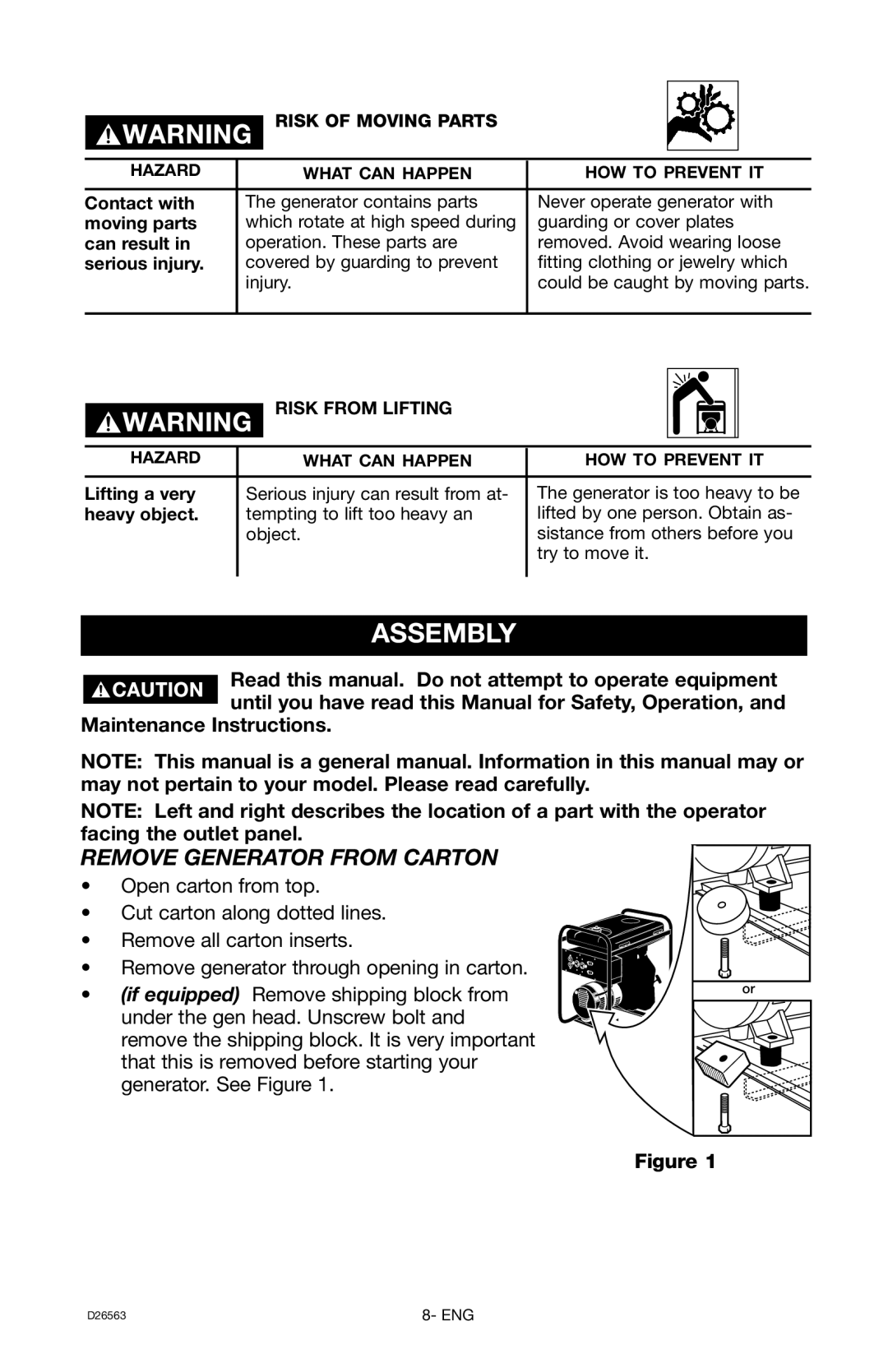 DeVillbiss Air Power Company D26563 Assembly, Remove Generator from Carton, Risk of Moving Parts, Risk from Lifting 