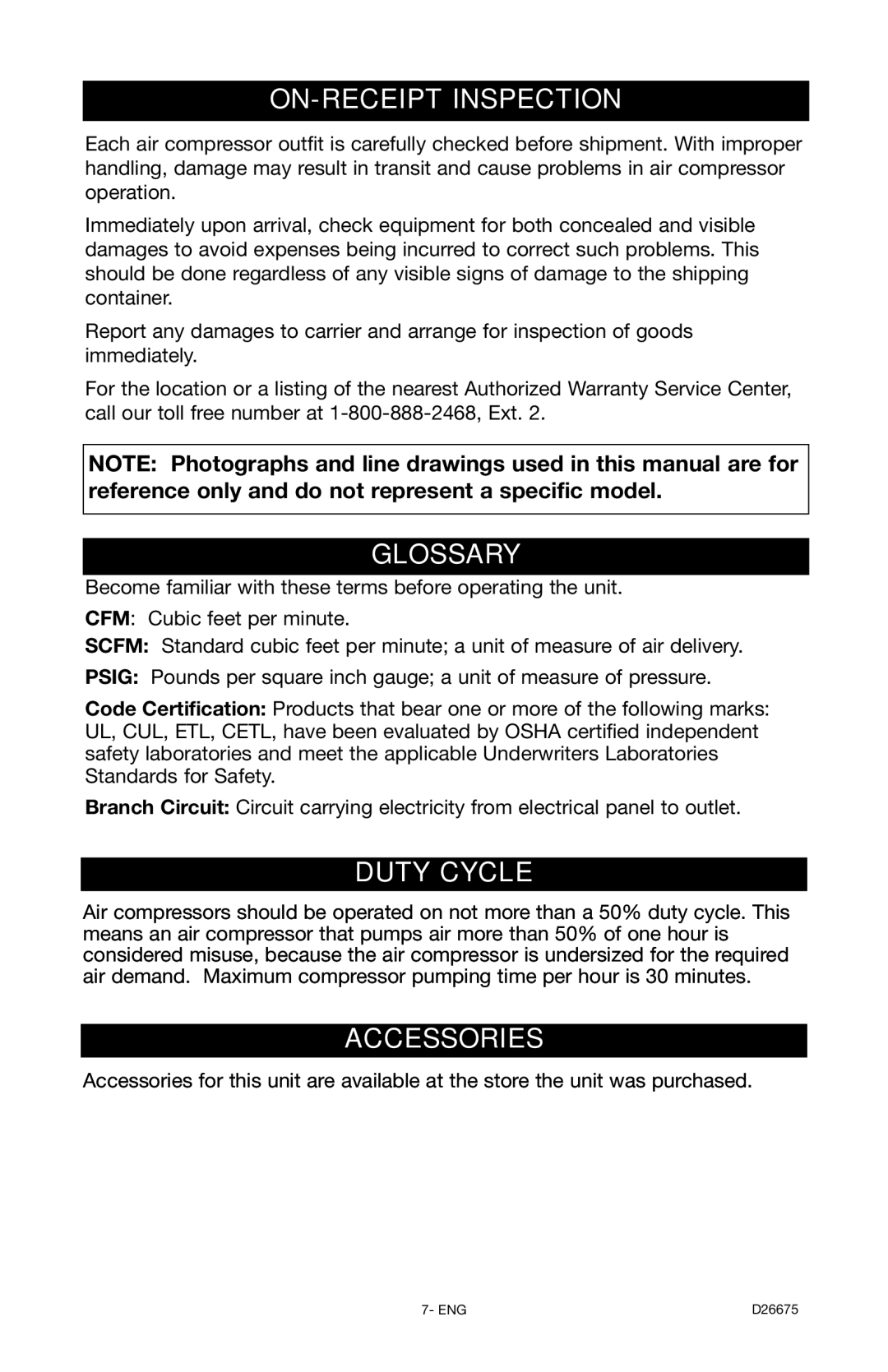 DeVillbiss Air Power Company D26675 manual ON-RECEIPT Inspection, Glossary, Duty Cycle, Accessories 