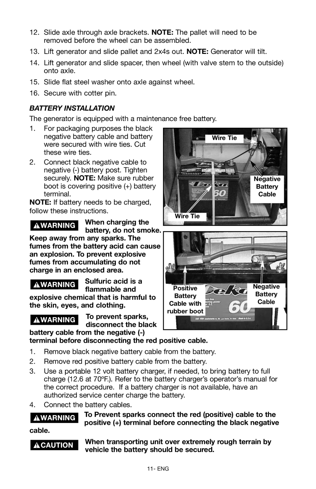 DeVillbiss Air Power Company D26968 warranty Battery Installation, Wire Tie 