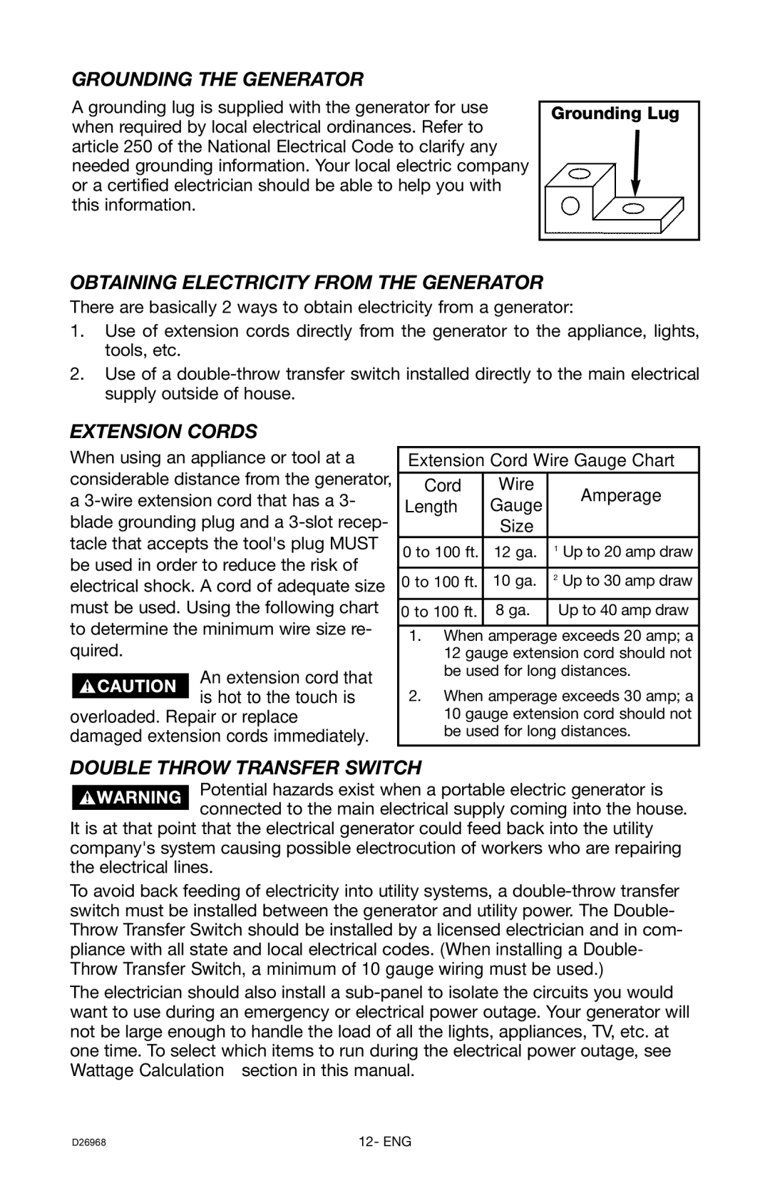 DeVillbiss Air Power Company D26968 Grounding the Generator, Obtaining Electricity from the Generator, Extension Cords 