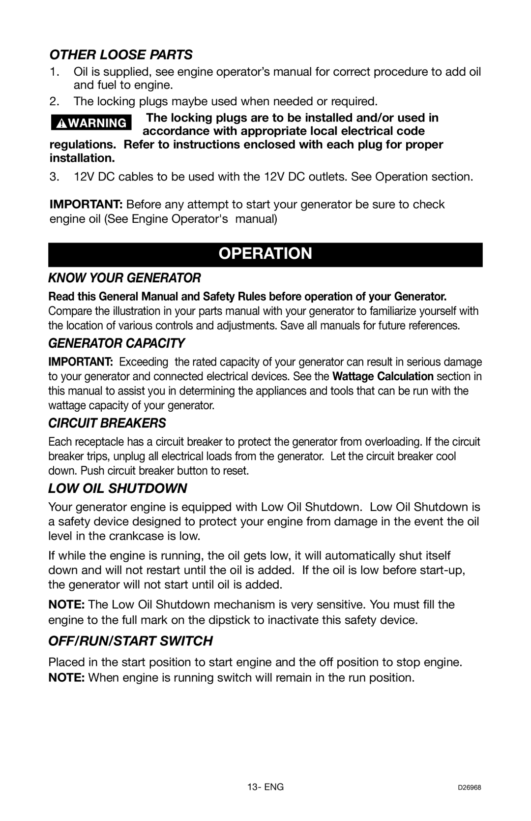 DeVillbiss Air Power Company D26968 warranty Operation 